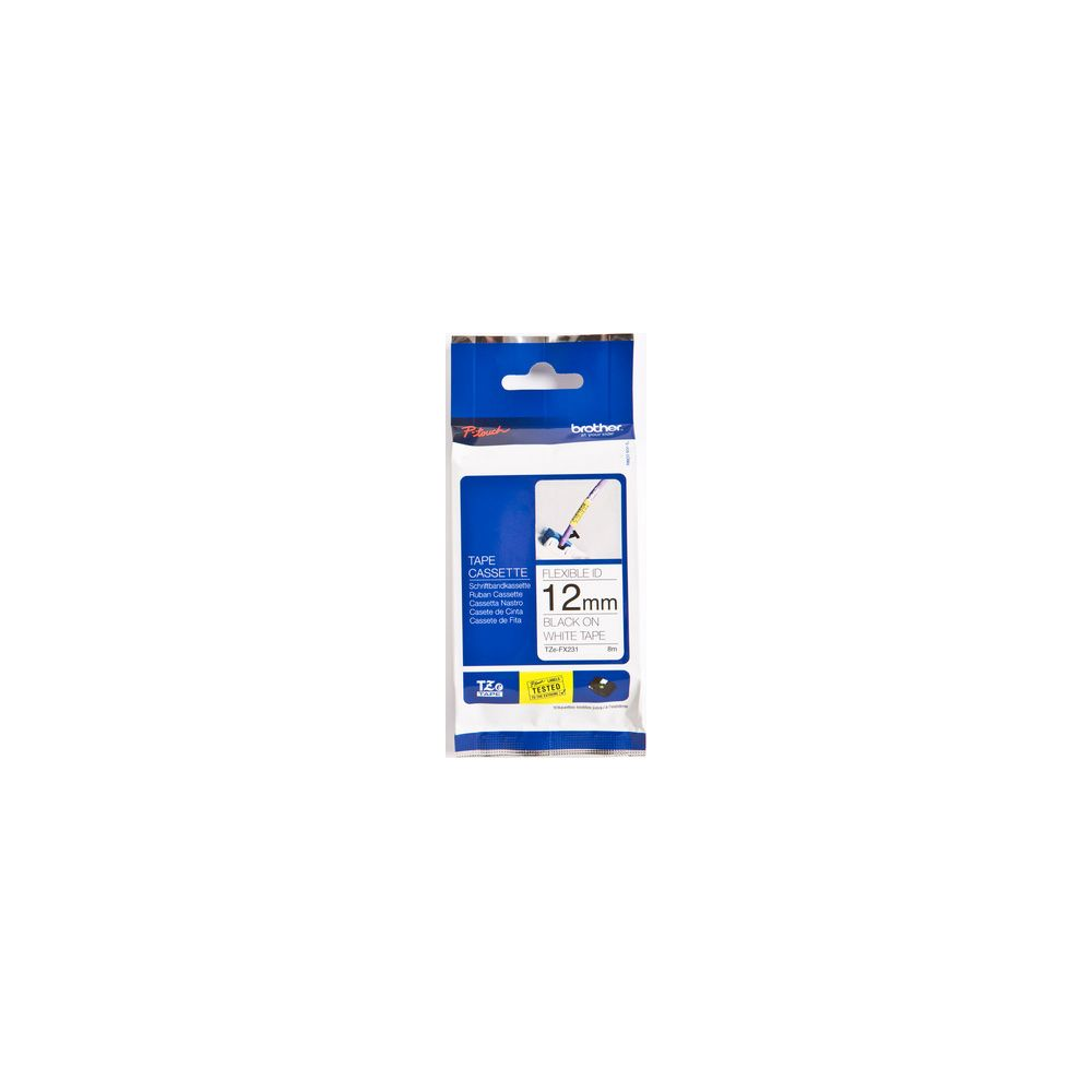 Brother P-Touch Bandkassette mit 12mm schwarzer Flex-ID-Beschriftung auf weißem Band.