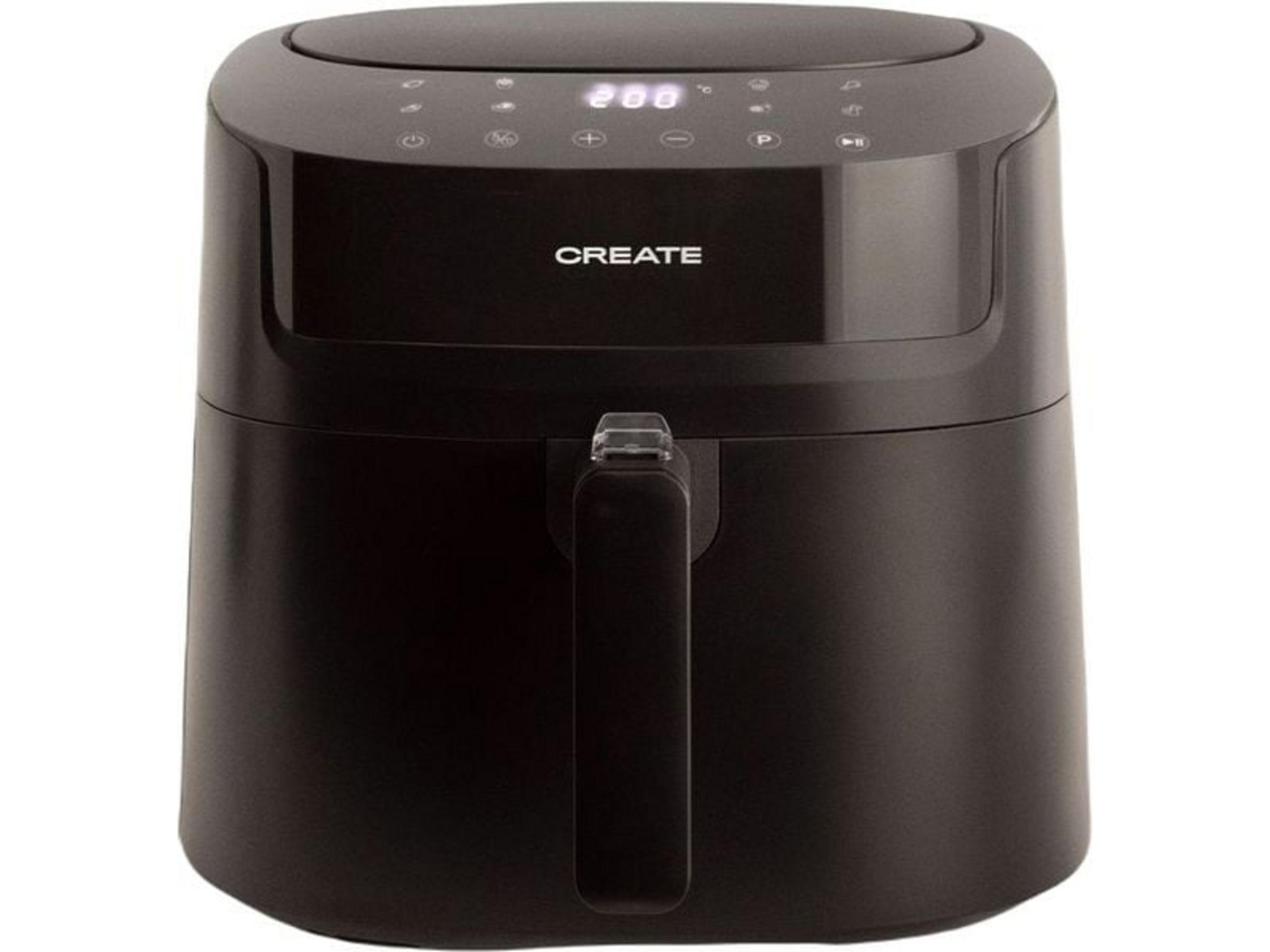 Czarna frytkownica beztłuszczowa z cyfrowym wyświetlaczem i uchwytem.