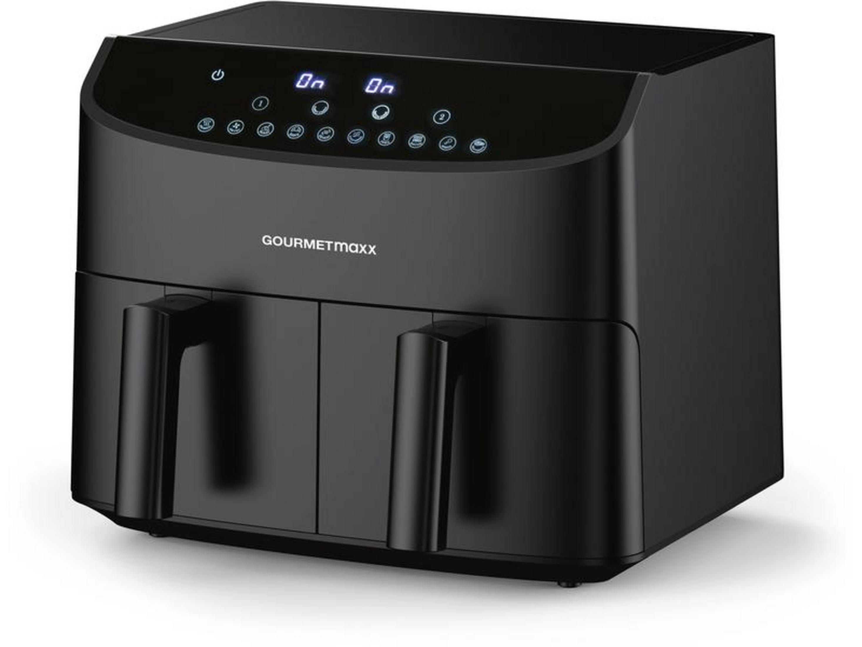 Schwarze Heißluftfritteuse mit zwei Schubladen und Touchscreen-Bedienfeld.