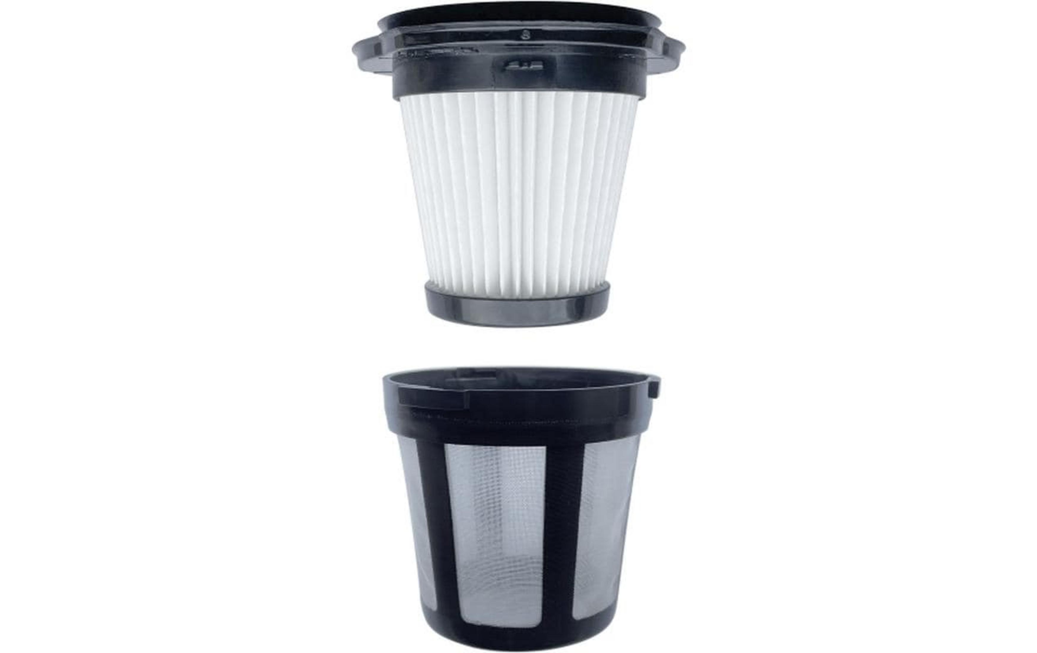 Ein weißer Filter über einem schwarzen Siebbehälter.