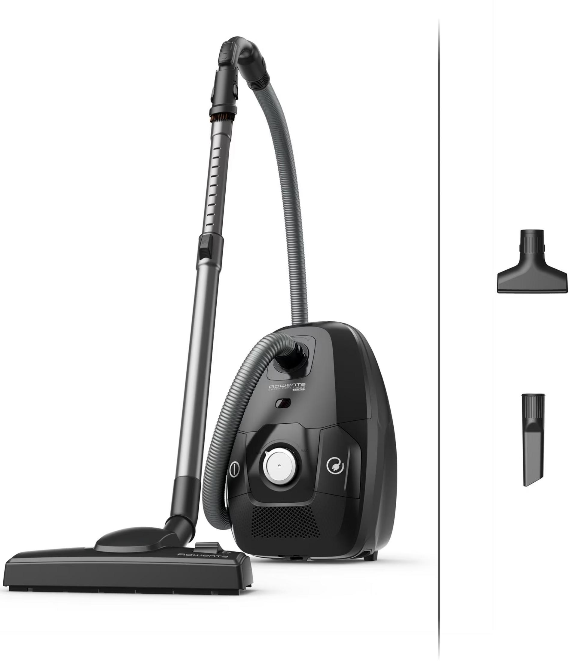 Czarny odkurzacz Rowenta z wężem, rurą i ssawką podłogową. Akcesoria obok.