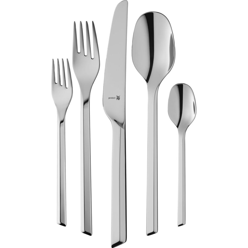 Un set di cinque posate in metallo lucido: due forchette, un coltello, un cucchiaio e un cucchiaino.