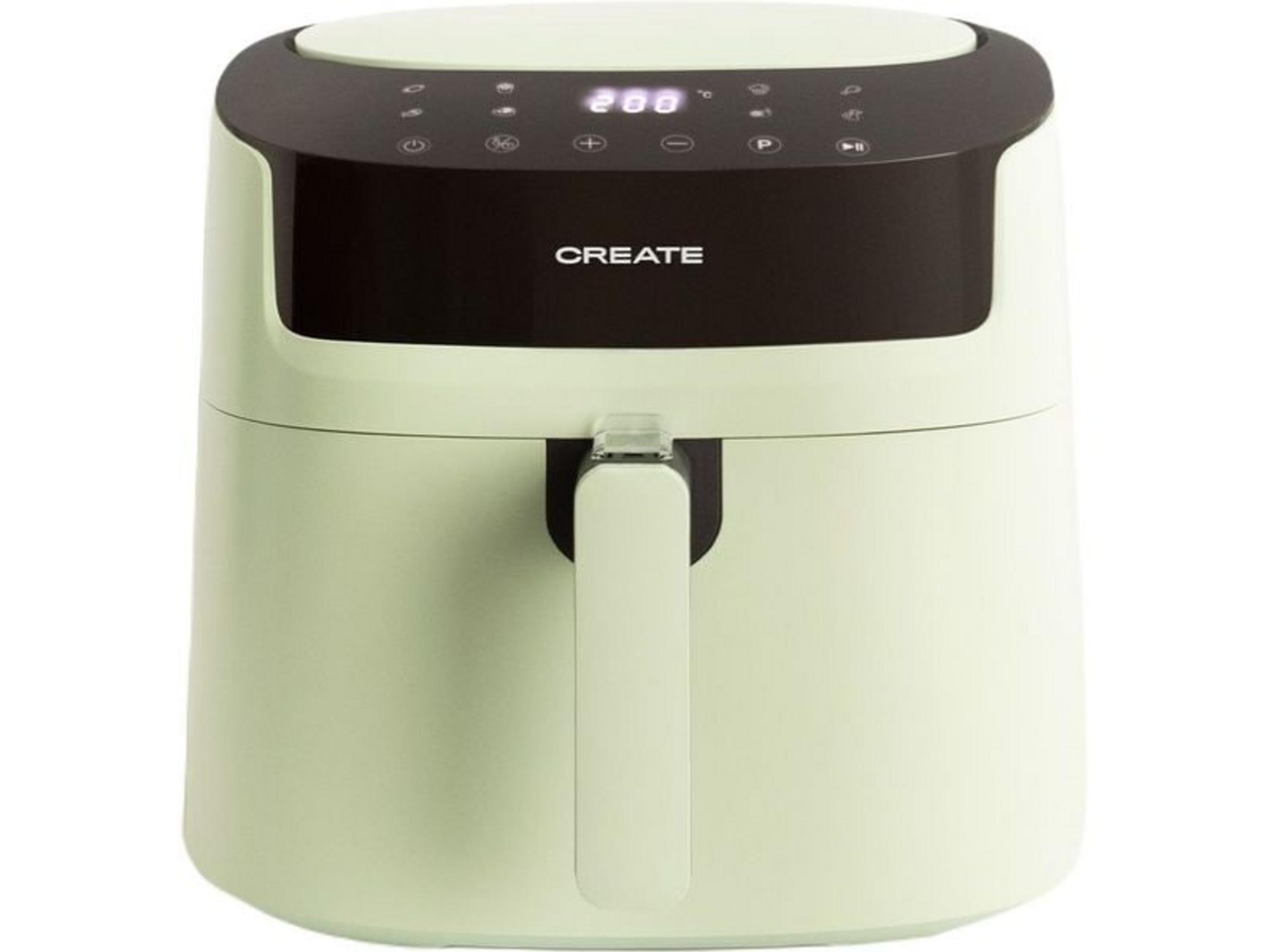 Jasnozielona frytkownica beztłuszczowa z czarnym panelem sterowania i cyfrowym wyświetlaczem.