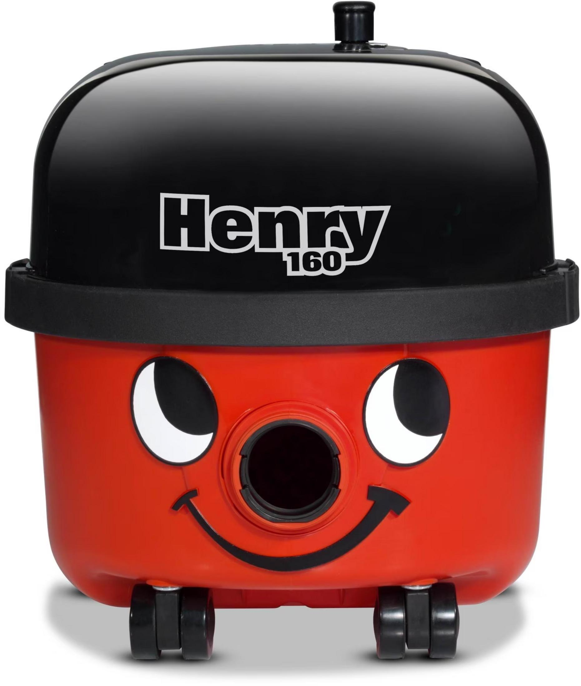 L'aspirapolvere rosso Henry con coperchio e faccia neri.