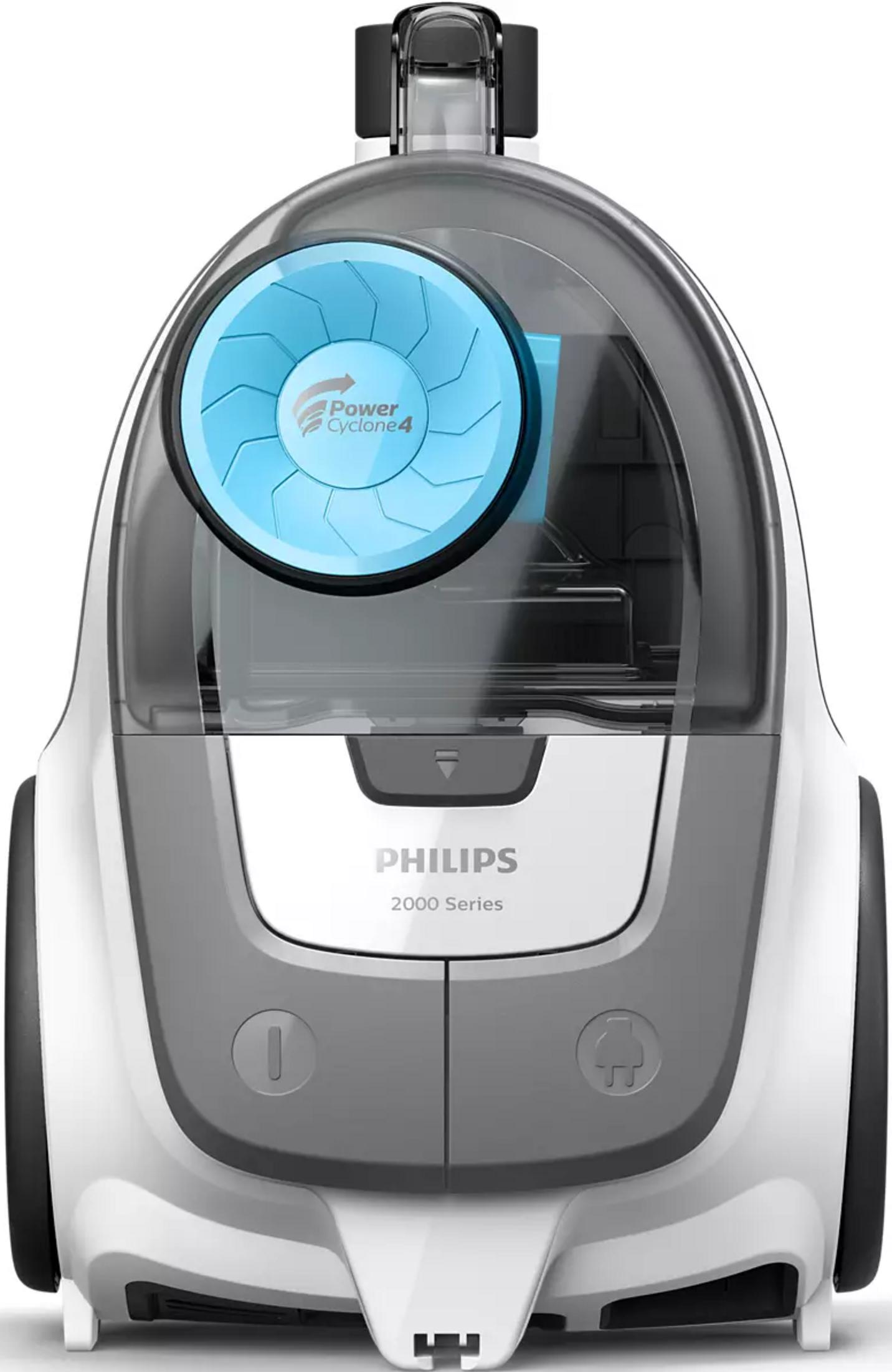 Ein weißer Philips Staubsauger der 2000er Serie mit blauem Power Cyclone 4 Filter.