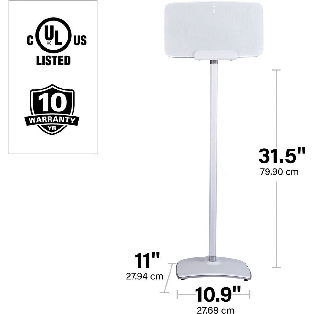 Een witte luidspreker op een zilveren standaard met afmetingen.