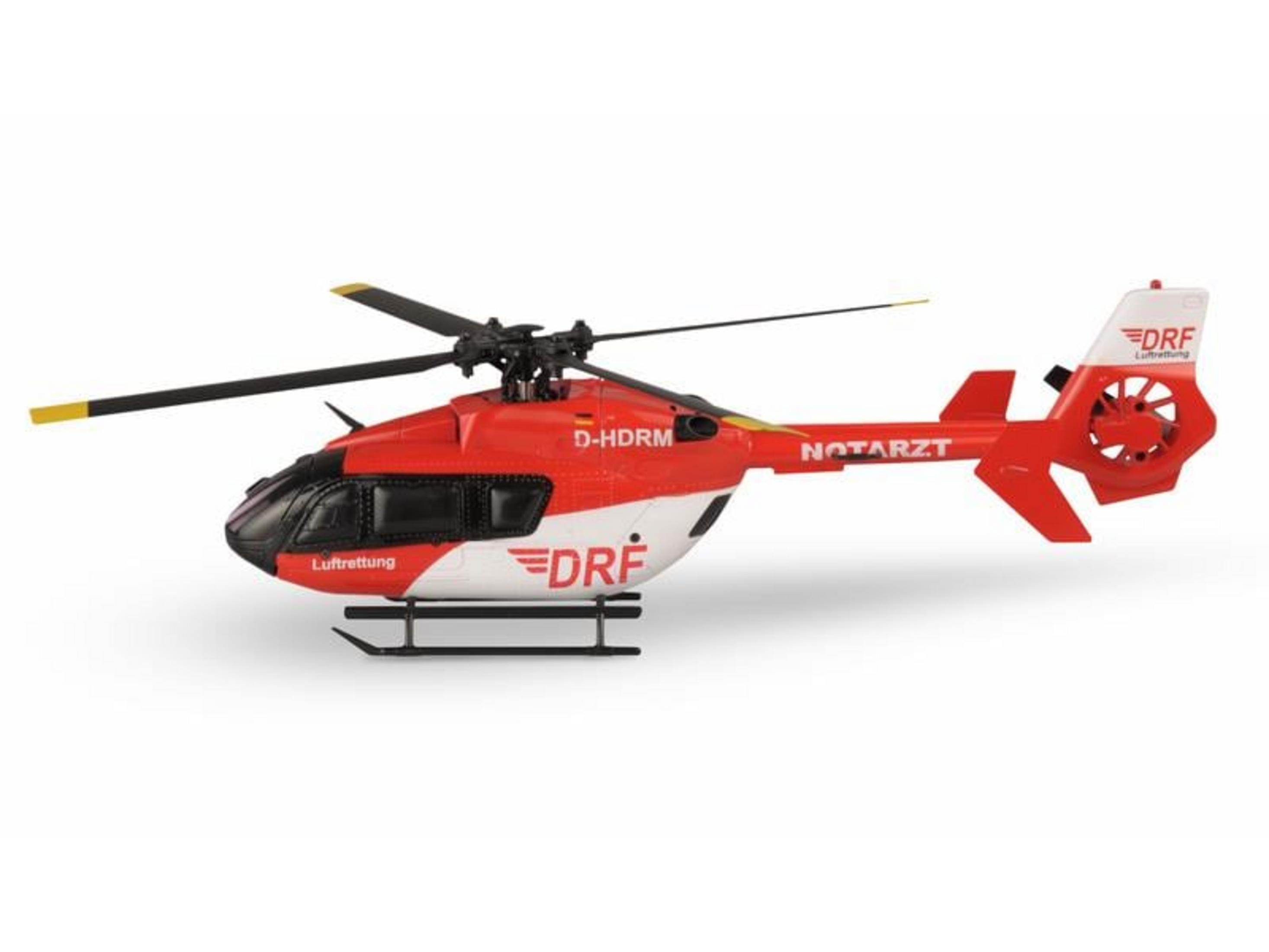 Un helicóptero de rescate rojo y blanco con la marca DRF Luftrettung.