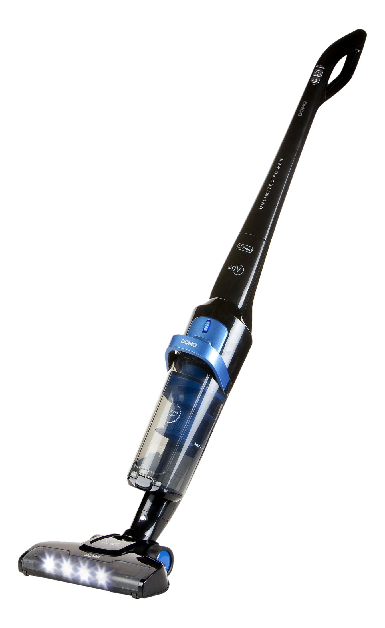 Schwarzer Akku-Staubsauger mit blauen Akzenten und LED-Leuchten am Bodenteil.