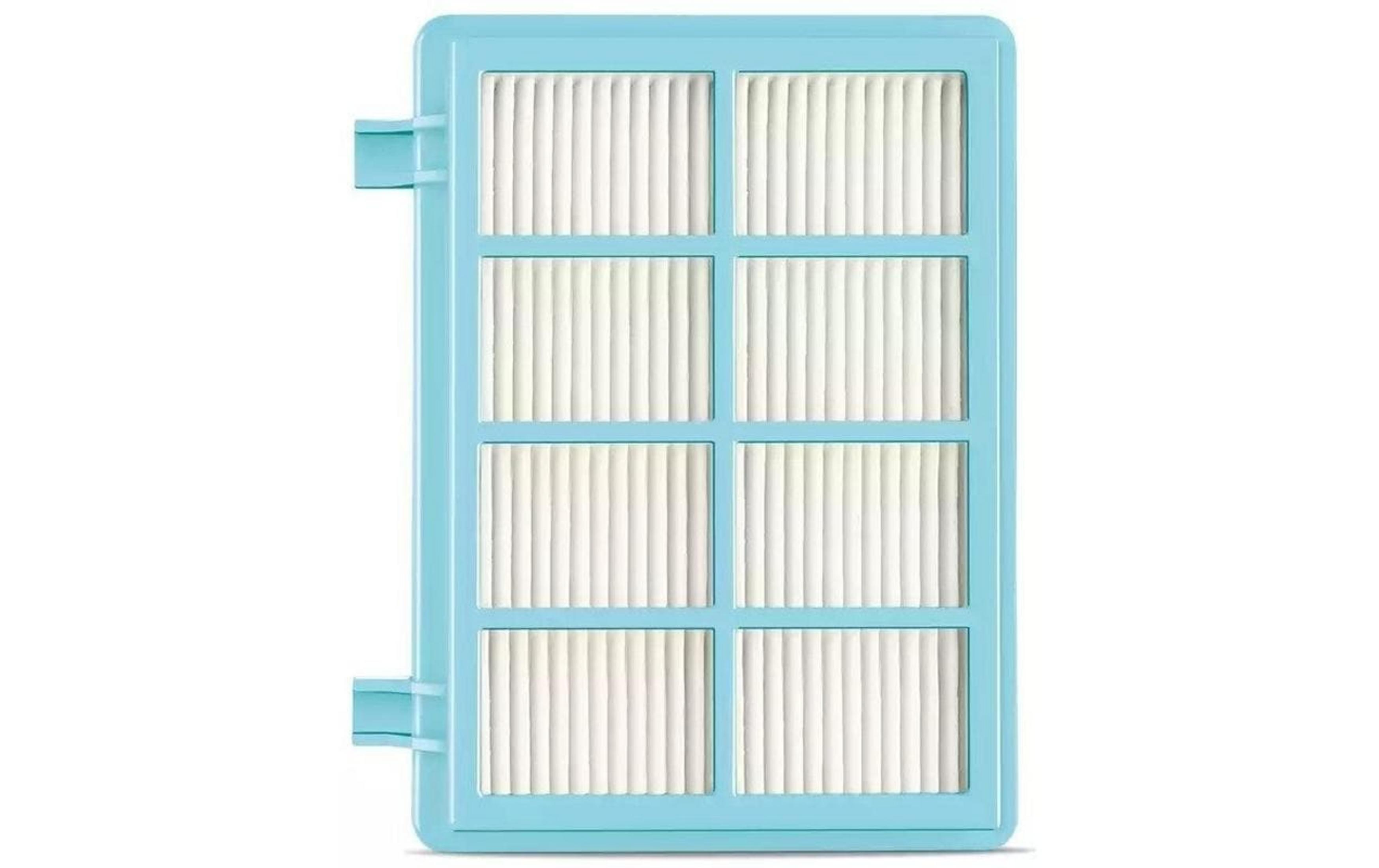 Jasnoniebieska obudowa filtra odkurzacza z białymi filtrami plisowanymi w ośmiu przegrodach.
