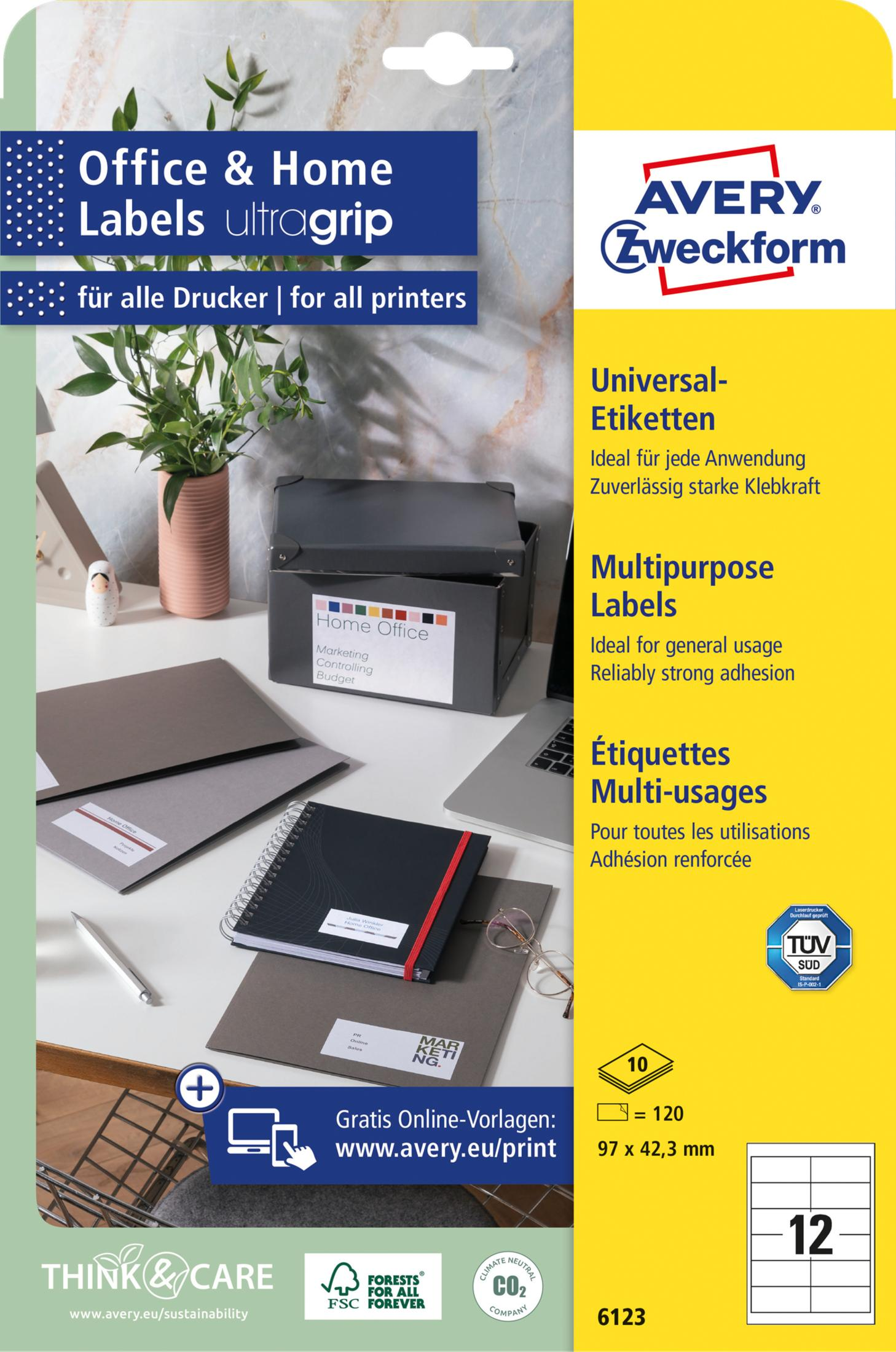 Produktbild für Avery Zweckform Etiketten: Büromaterialien auf einem Schreibtisch.