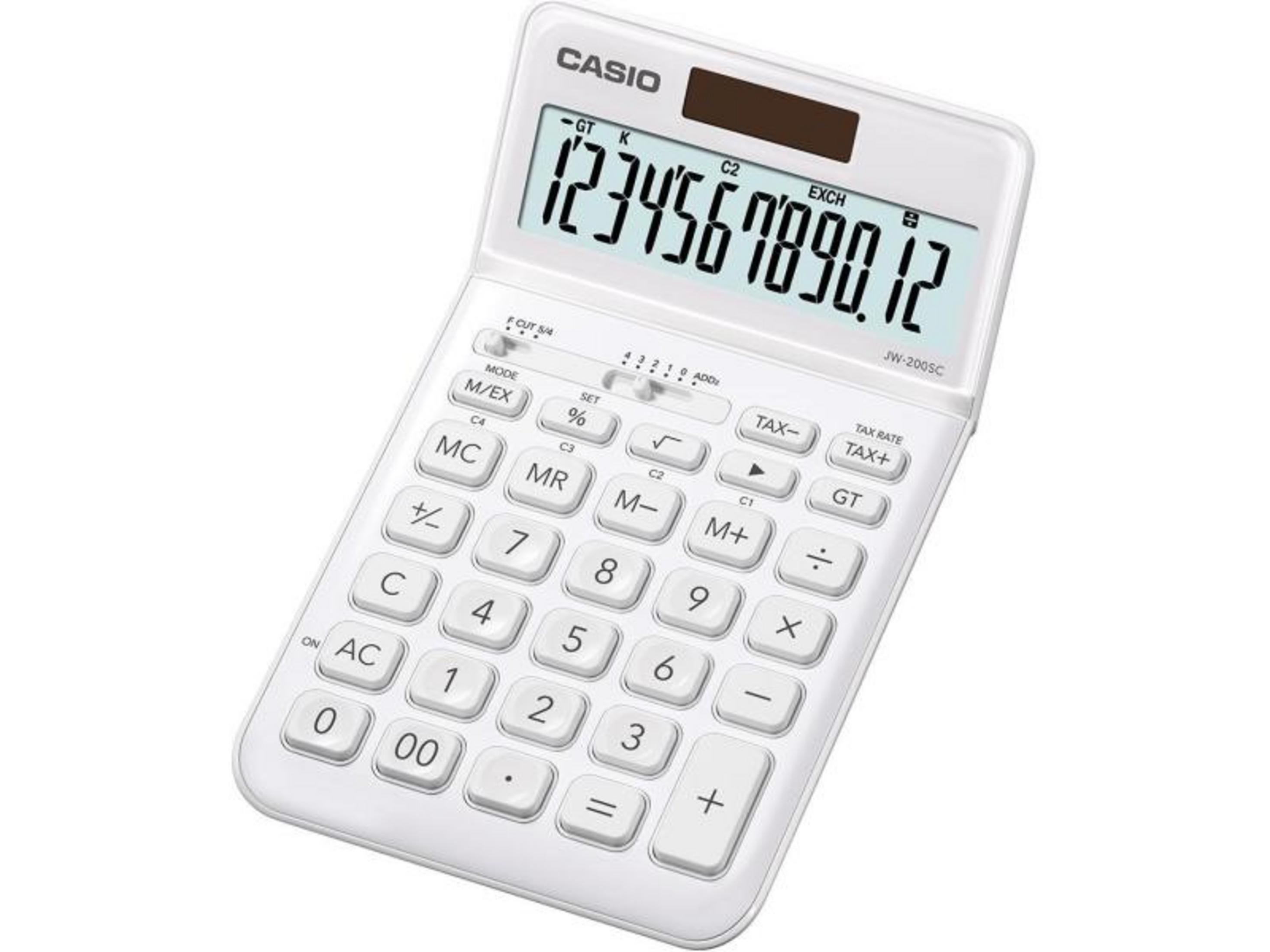 Biały kalkulator Casio wyświetlający 1234567890.12 na ekranie.