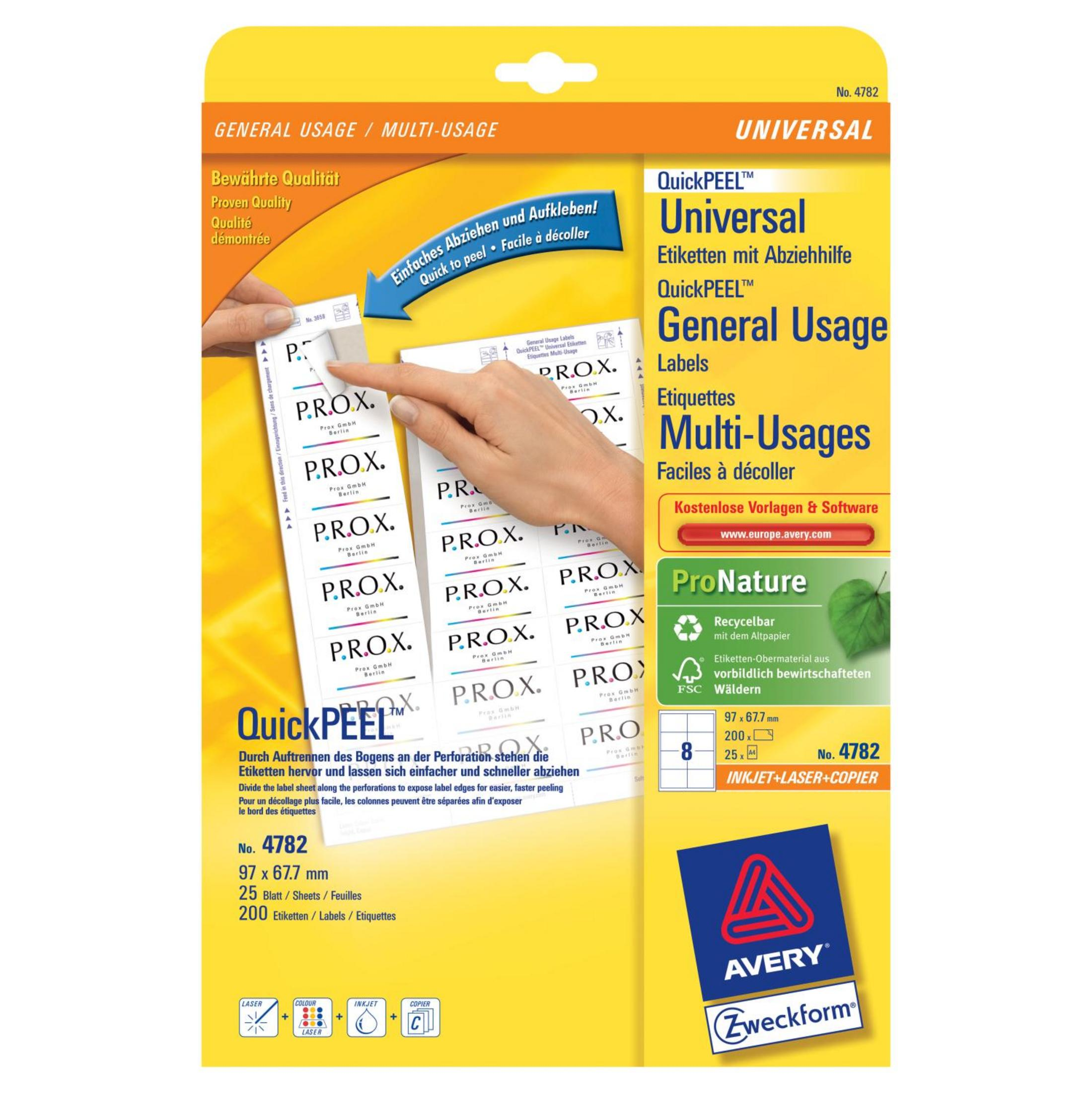 Verpackung für Avery QuickPEEL Universal Etiketten, mit Hand, die Etiketten zeigt.