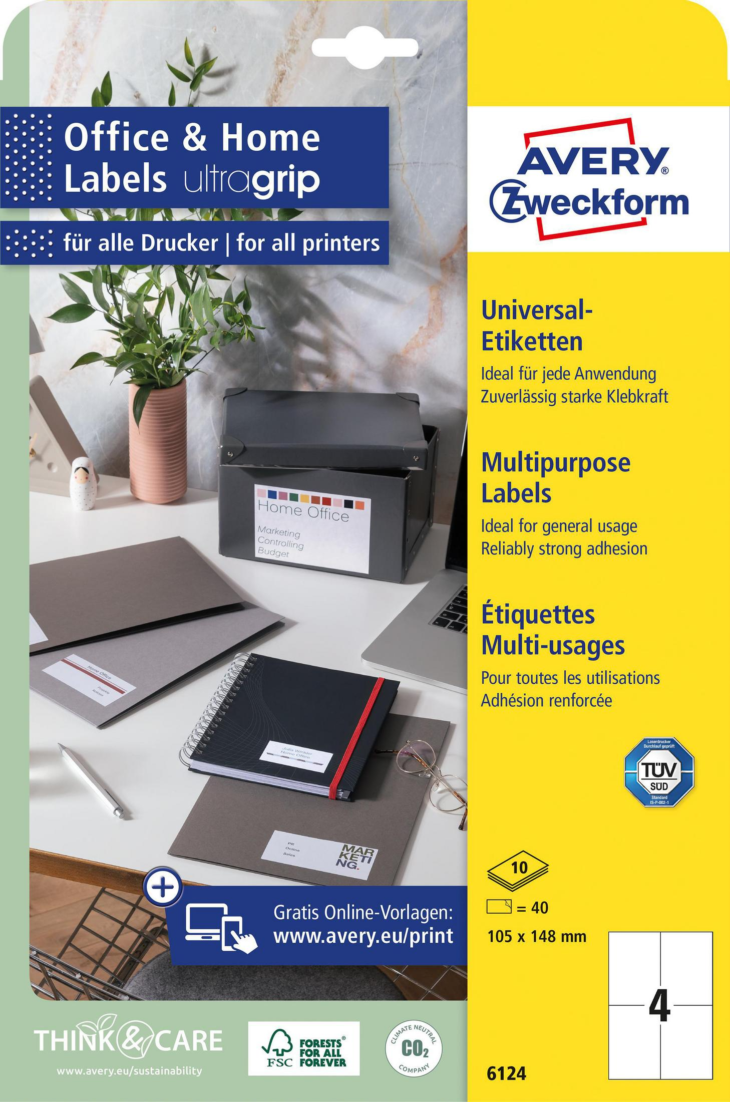 Avery Zweckform Etikettenpaket mit Büromaterialien wie Ordnern, Notizbüchern und einem Laptop.