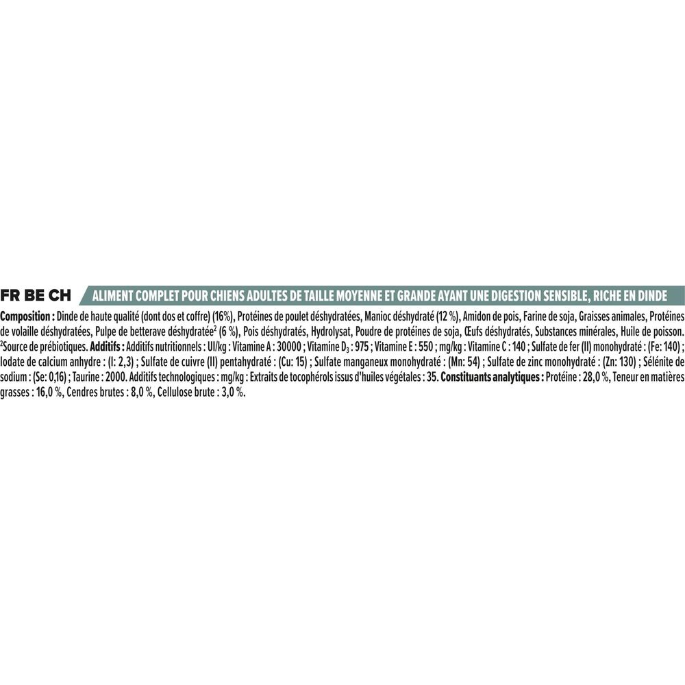 Hundefutter-Etikett mit Zutaten und Nährwerten. Text in Französisch.