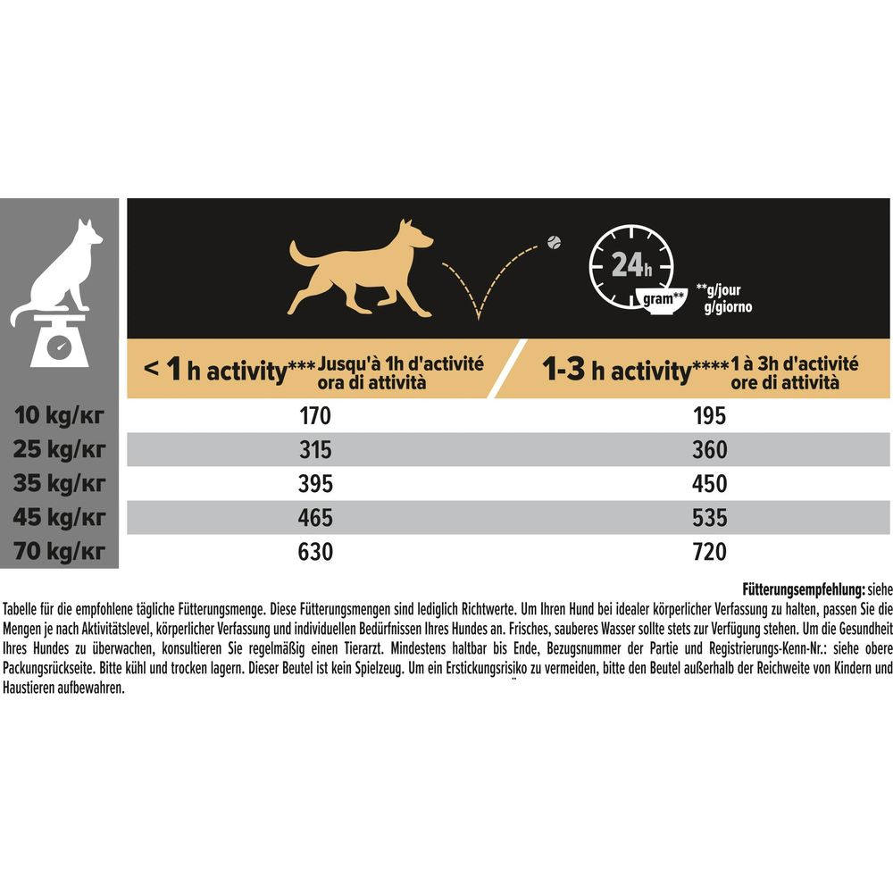 Futtertabelle für Hunde: Gramm pro Tag nach Gewicht und Aktivität.