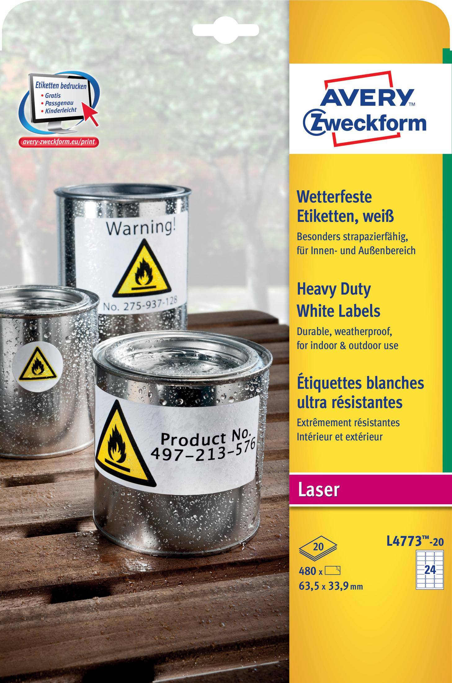 Drei Dosen mit Warnetiketten auf Holztisch. Avery Zweckform Etikettenverpackung daneben.