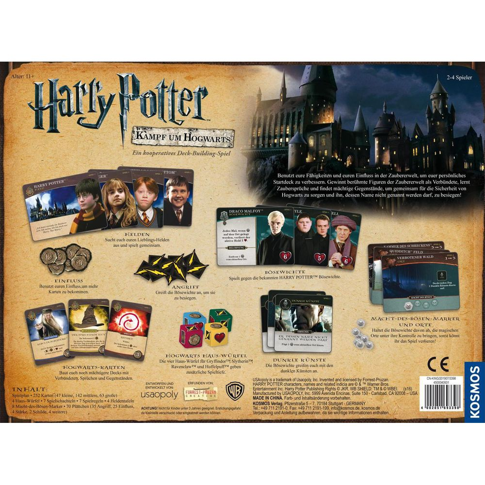 Harry Potter: Kampf um Hogwarts gra planszowa tył z opisem, zawartością i logami.