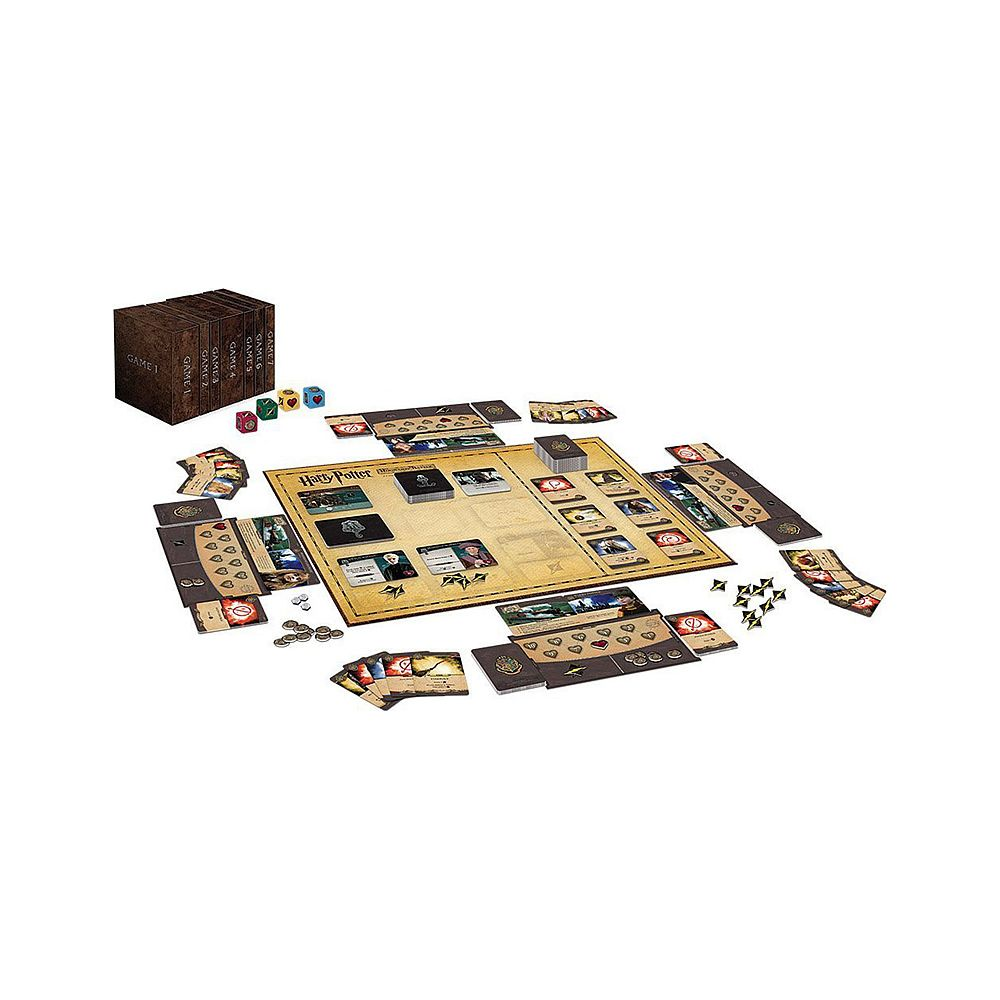 Gra planszowa Harry Potter z kartami, kostkami i żetonami na stole.