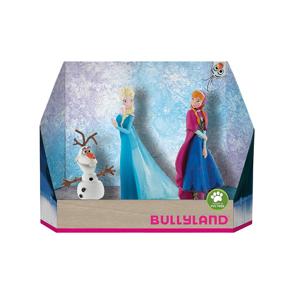 Olaf, Elsa en Anna figuren in een ijzige setting in een Bullyland doos.