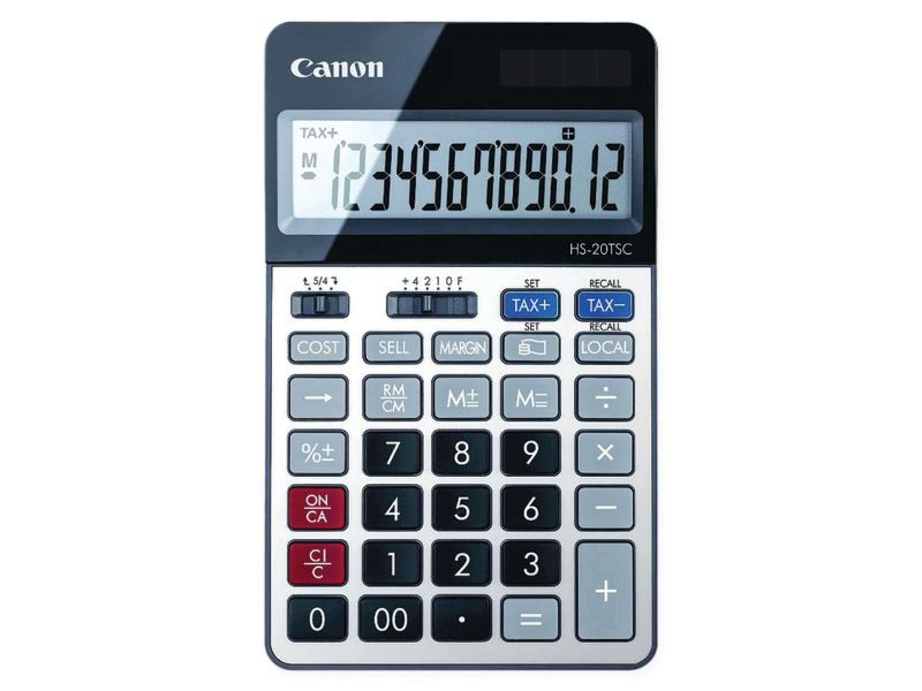 Czarna kalkulatorka Canon HS-20TSC z cyfrowym wyświetlaczem i wieloma przyciskami.