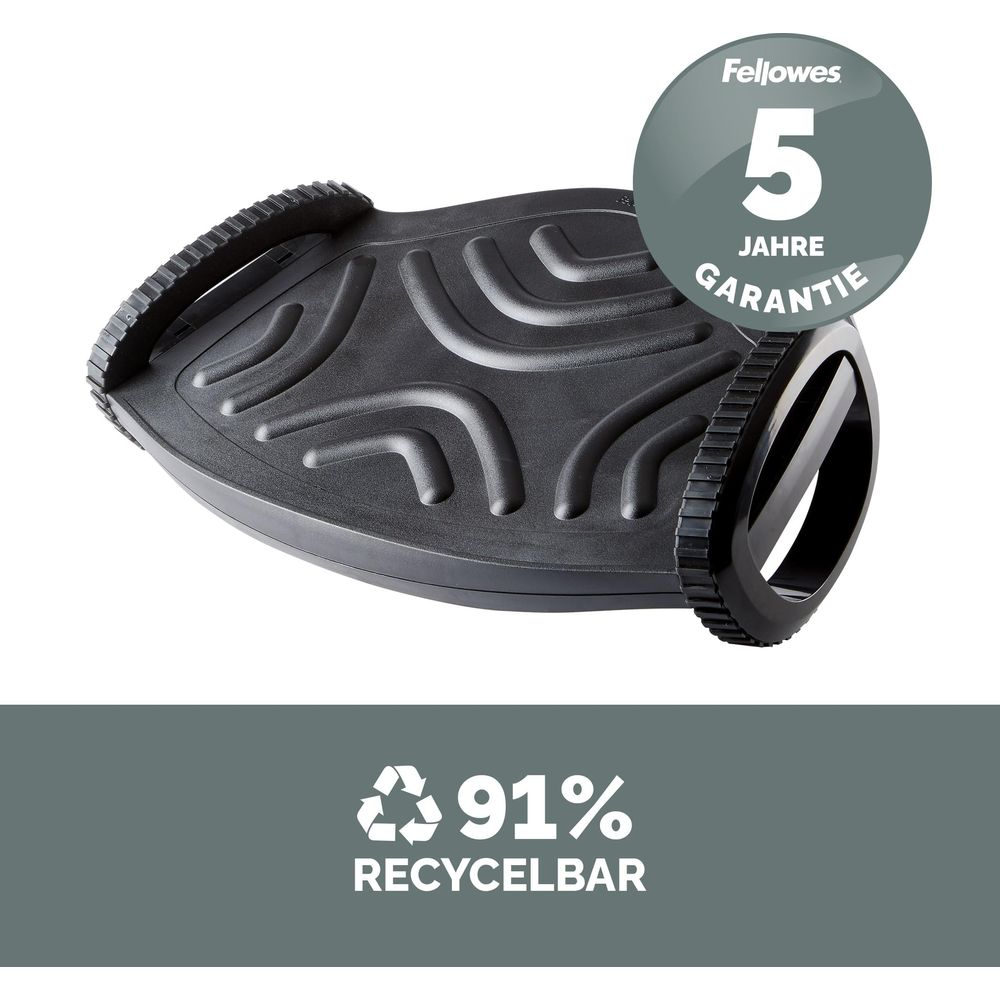 Poggiapiedi ergonomico nero con 5 anni di garanzia e etichetta riciclabile al 91%.