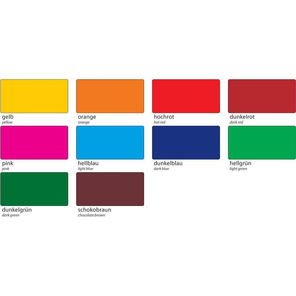Farbtafel mit neun farbigen Rechtecken: Gelb, Orange, Rot, Dunkelrot, Pink, Hellblau, Dunkelblau, Hellgrün, Braun.