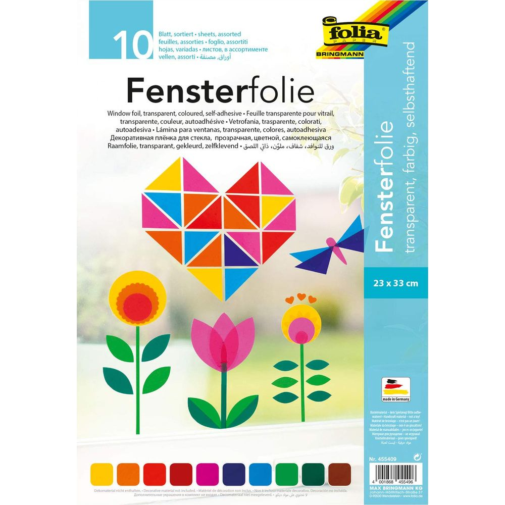 Farbige Fensterfolie mit Herz, Blumen und Schmetterlingen, 10er-Packung.