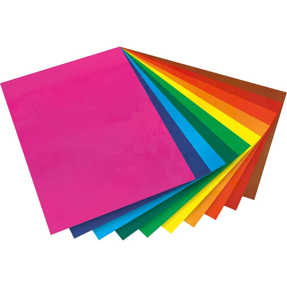 Fächerförmig angeordnete bunte Papierbögen, von Pink bis Braun.