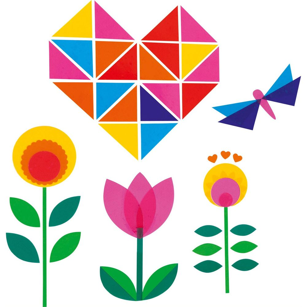 Buntes Herz aus Dreiecken, eine Libelle und zwei Blumen.