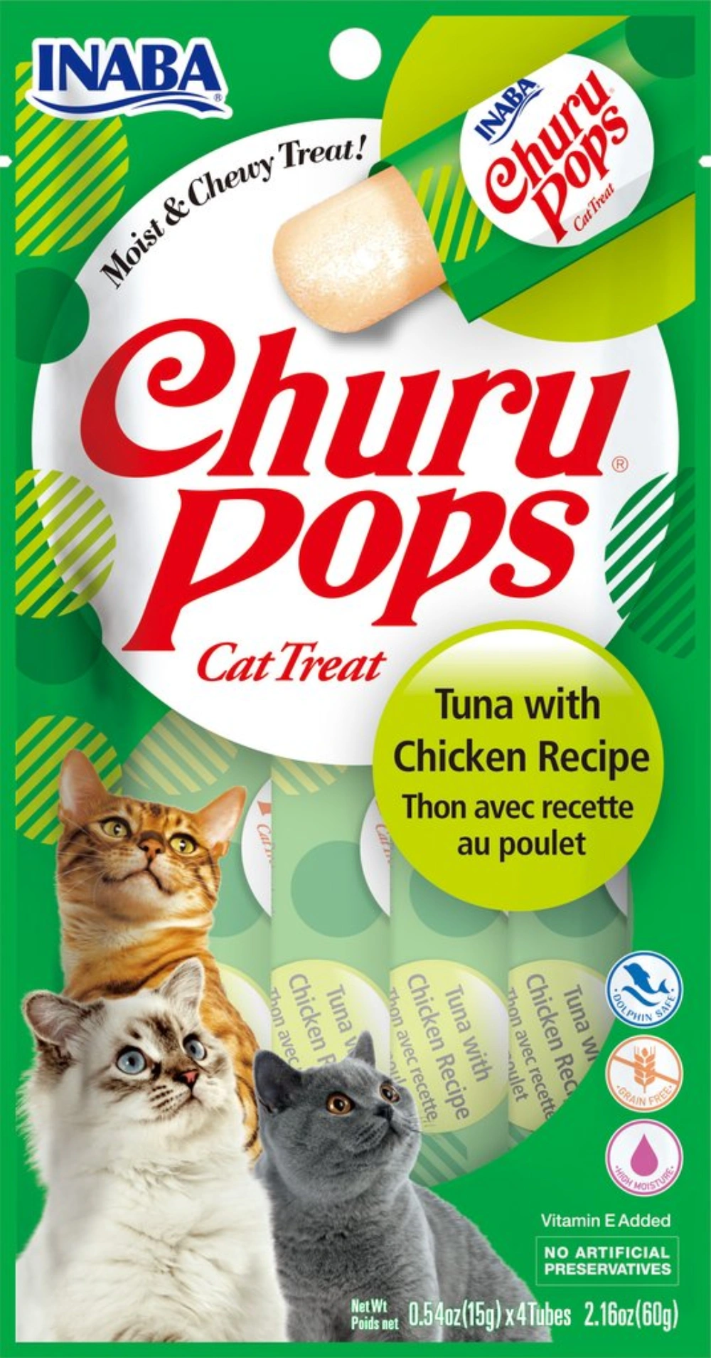 Un paquete de golosinas para gatos con tres gatos y sabor a atún con pollo.