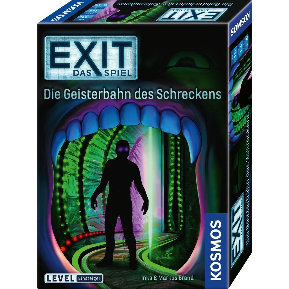 Ein Mann steht in einer gruseligen Geisterbahn mit leuchtenden grünen Schienen.