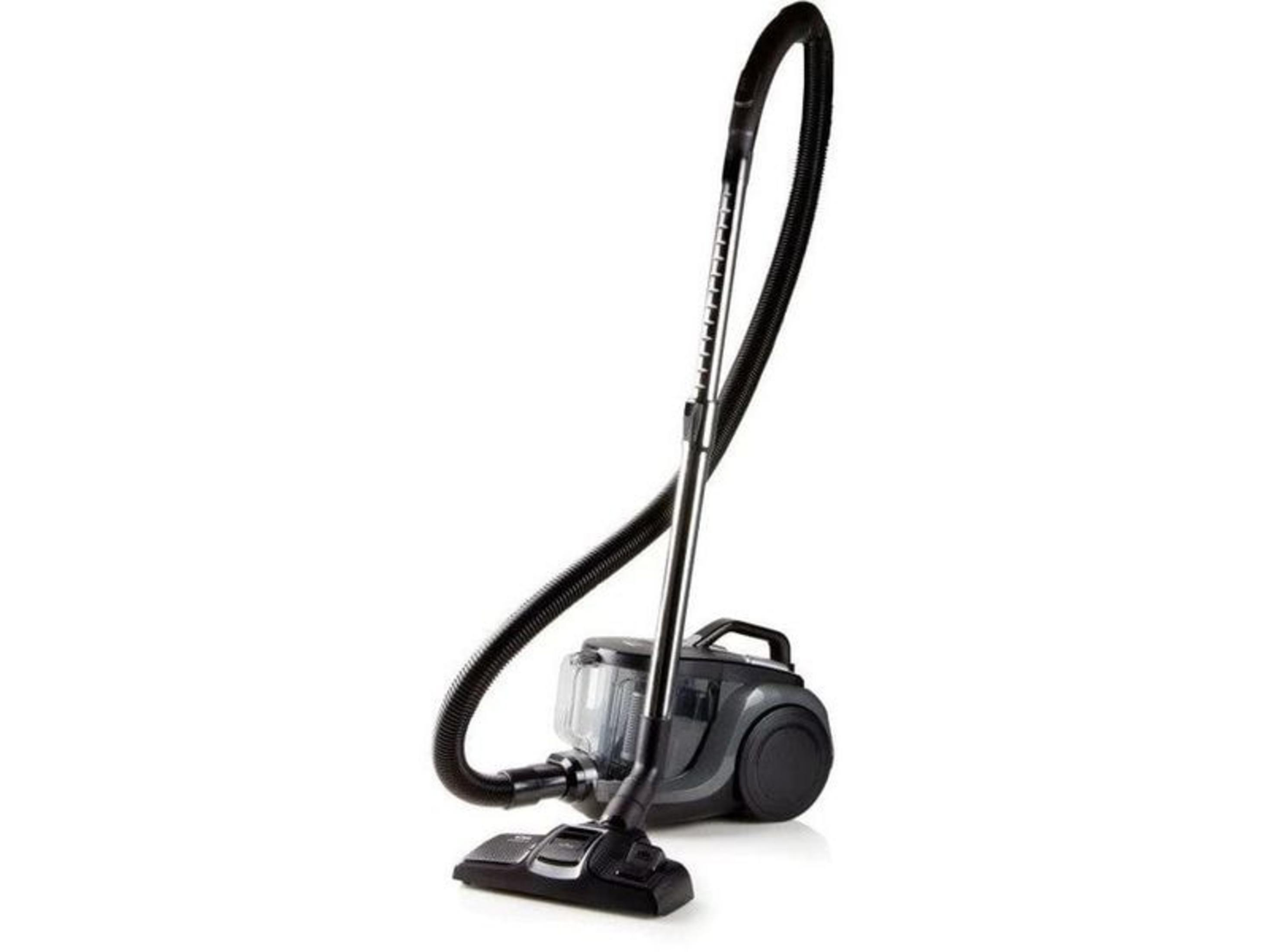 Szary odkurzacz z czarnym wężem i rurą na białym tle.