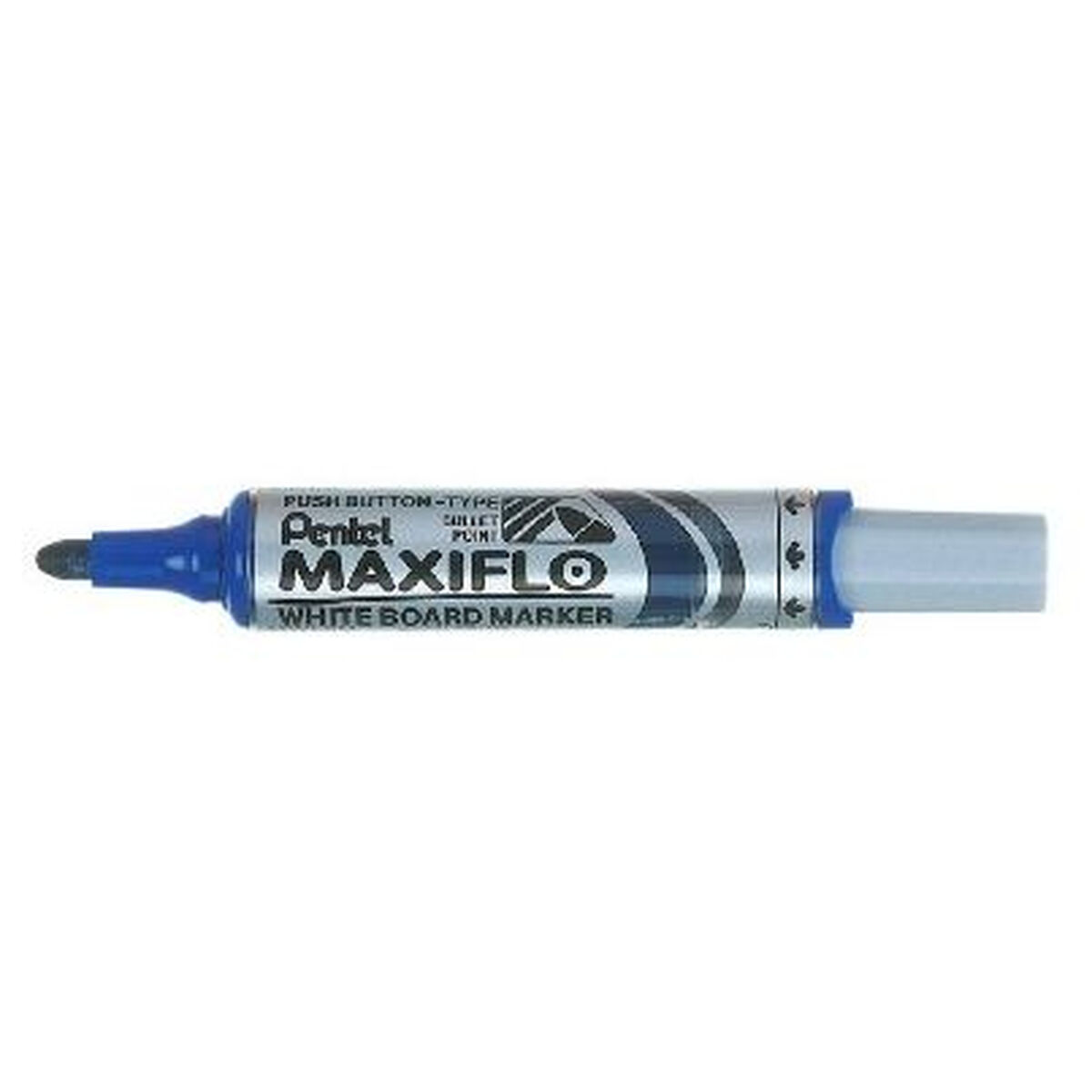 Ein blauer Pentel MAXIFLO Whiteboard-Marker mit silbernem Gehäuse.