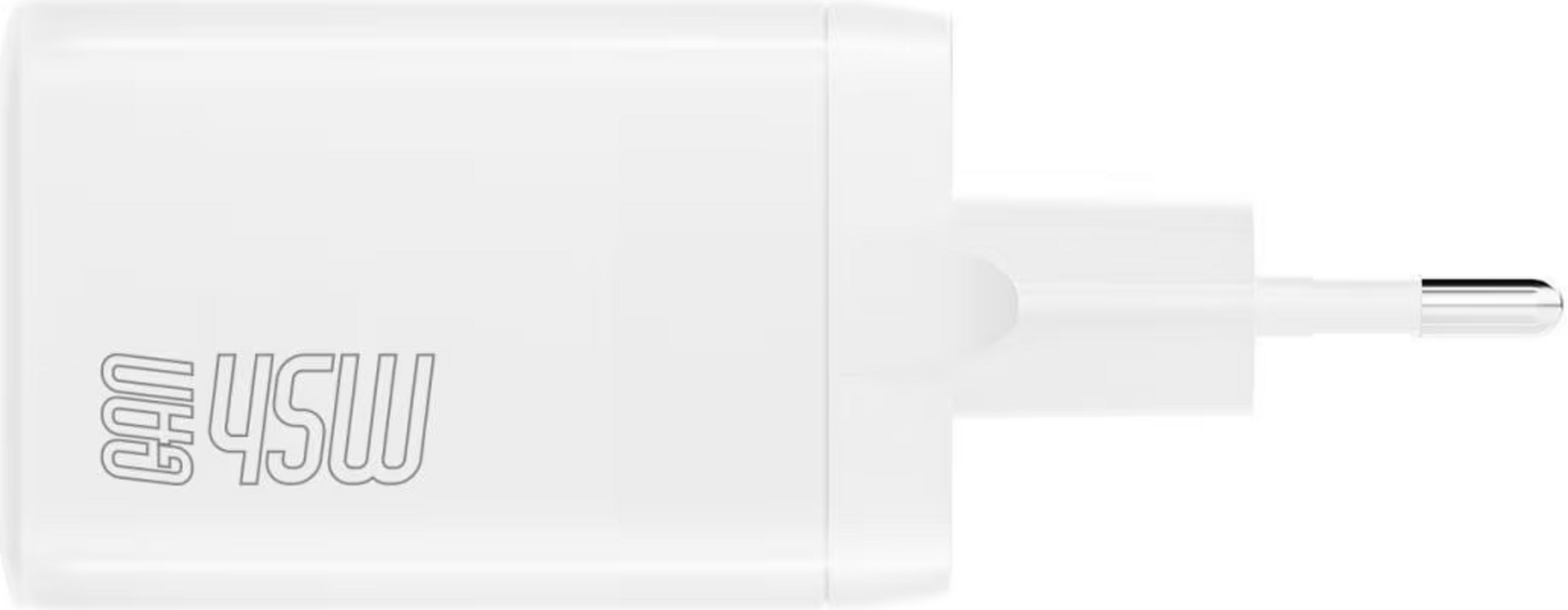 Ein weißes Ladegerät mit "GAN 45W" Aufschrift und EU-Stecker.