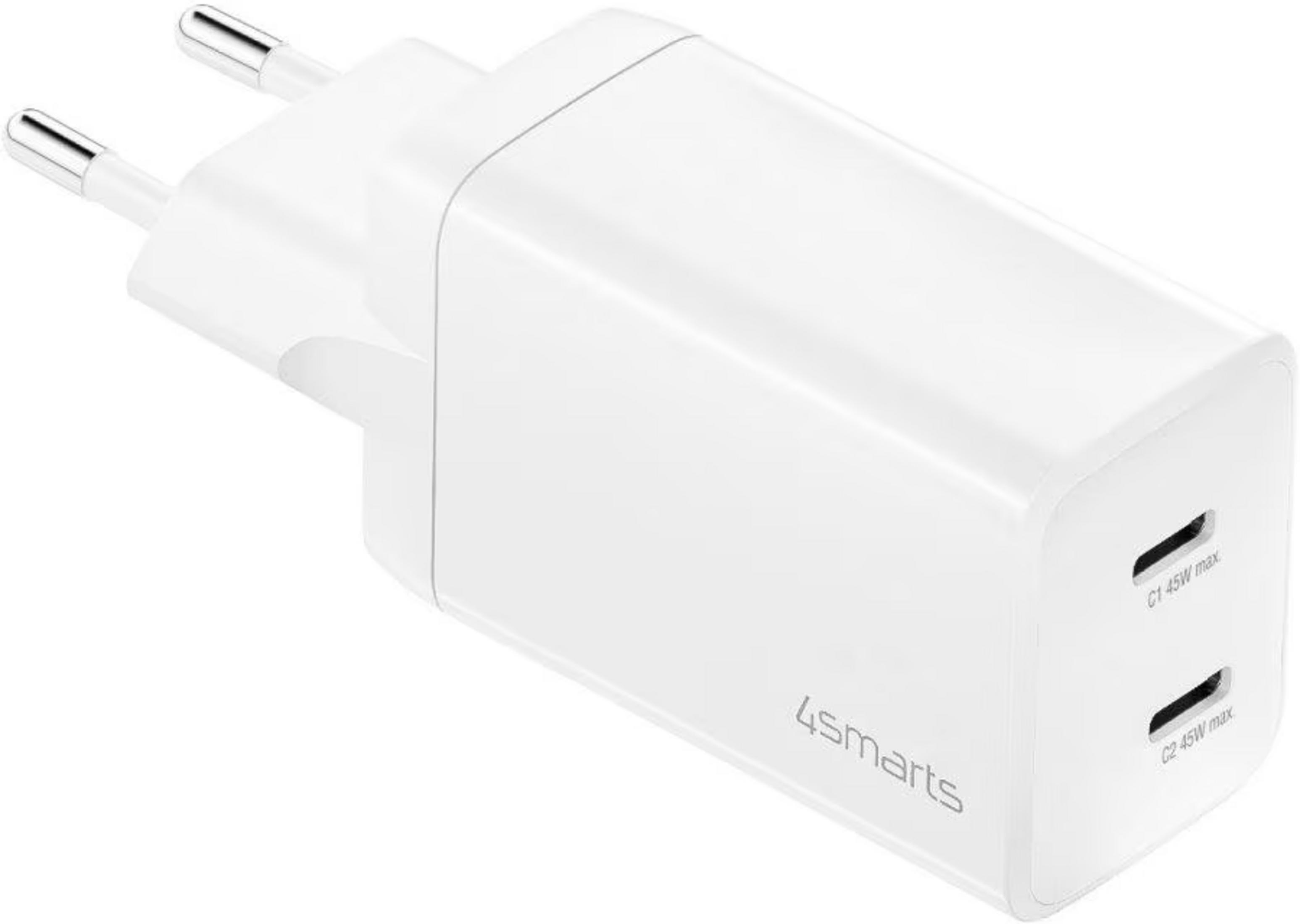 Ein weißer USB-C-Ladegerät mit zwei Anschlüssen und ausklappbaren Stiften.