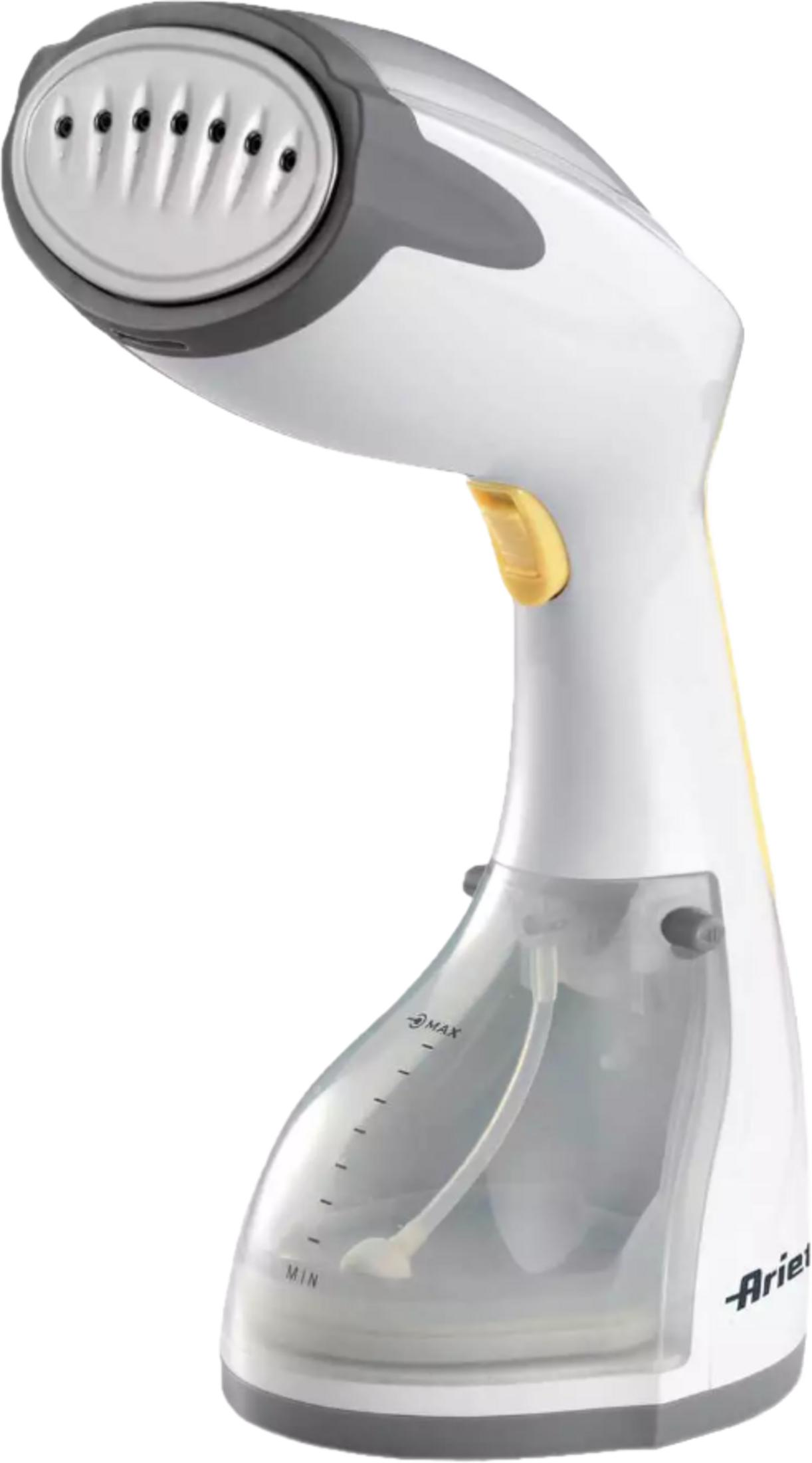 Biało-szara ręczna parownica do ubrań z żółtym przyciskiem i przezroczystym zbiornikiem.