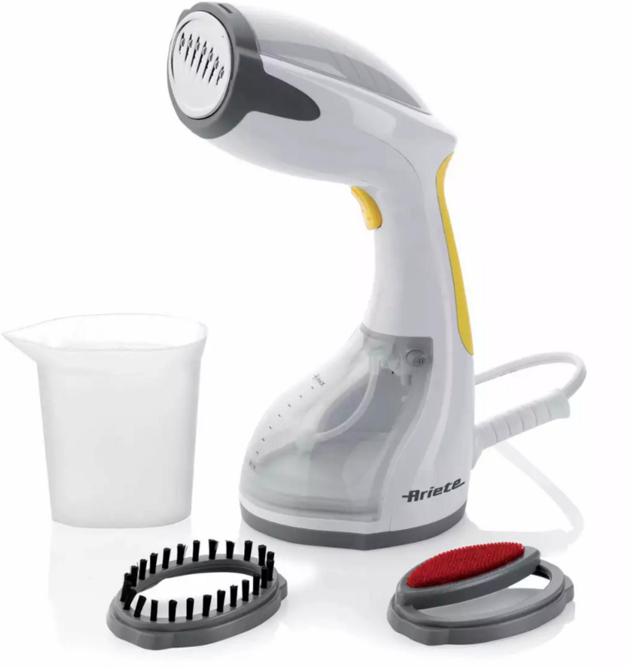 Przenośny parownica do ubrań z akcesoriami: miarka, szczotka, szczotka do tkanin.