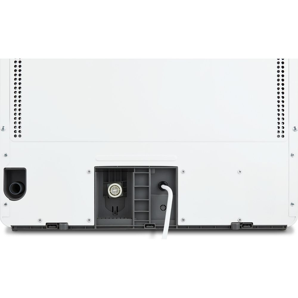 Retro di un elettrodomestico bianco con prese d'aria e connessioni.