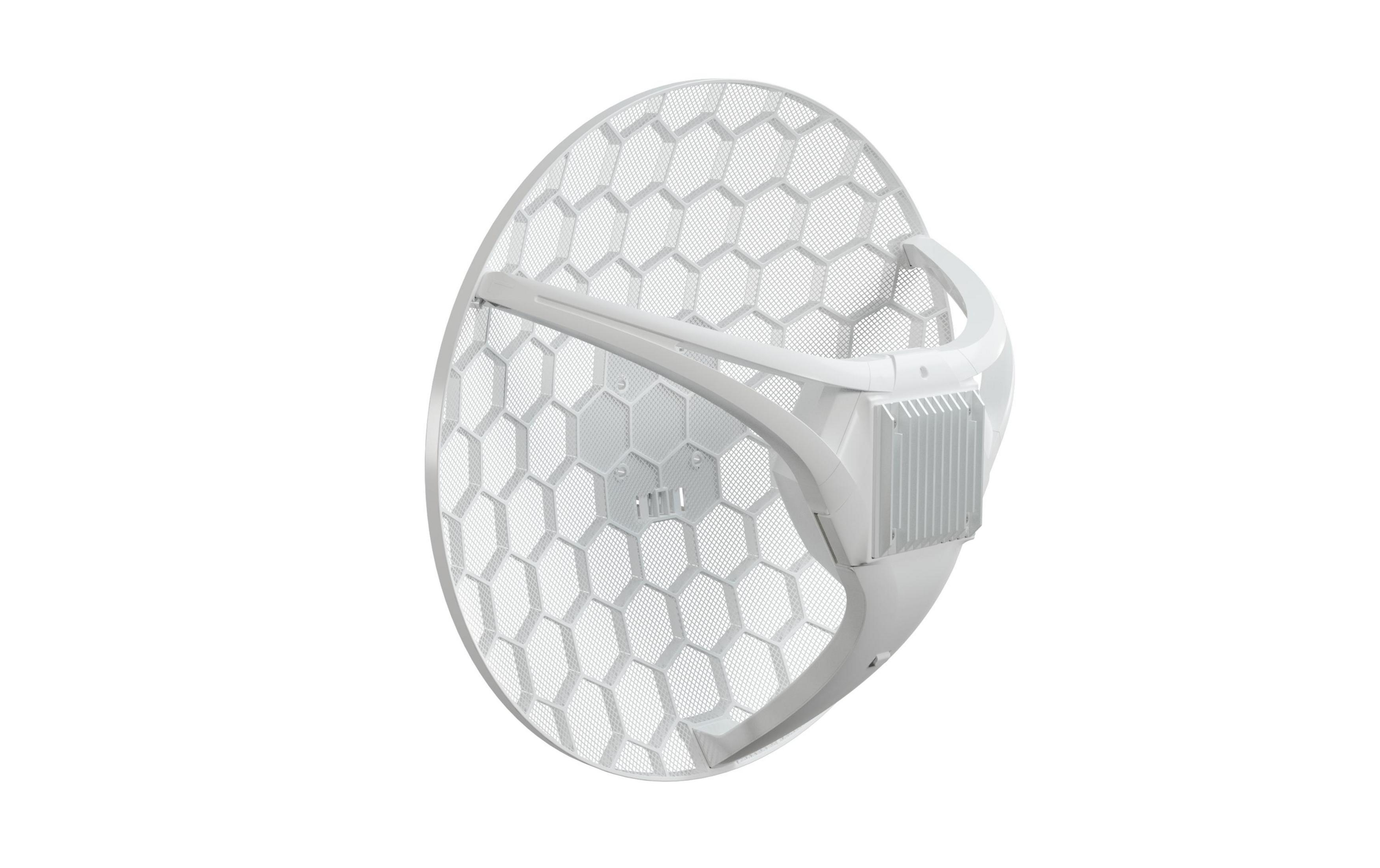Una antena parabólica blanca hexagonal con soporte.