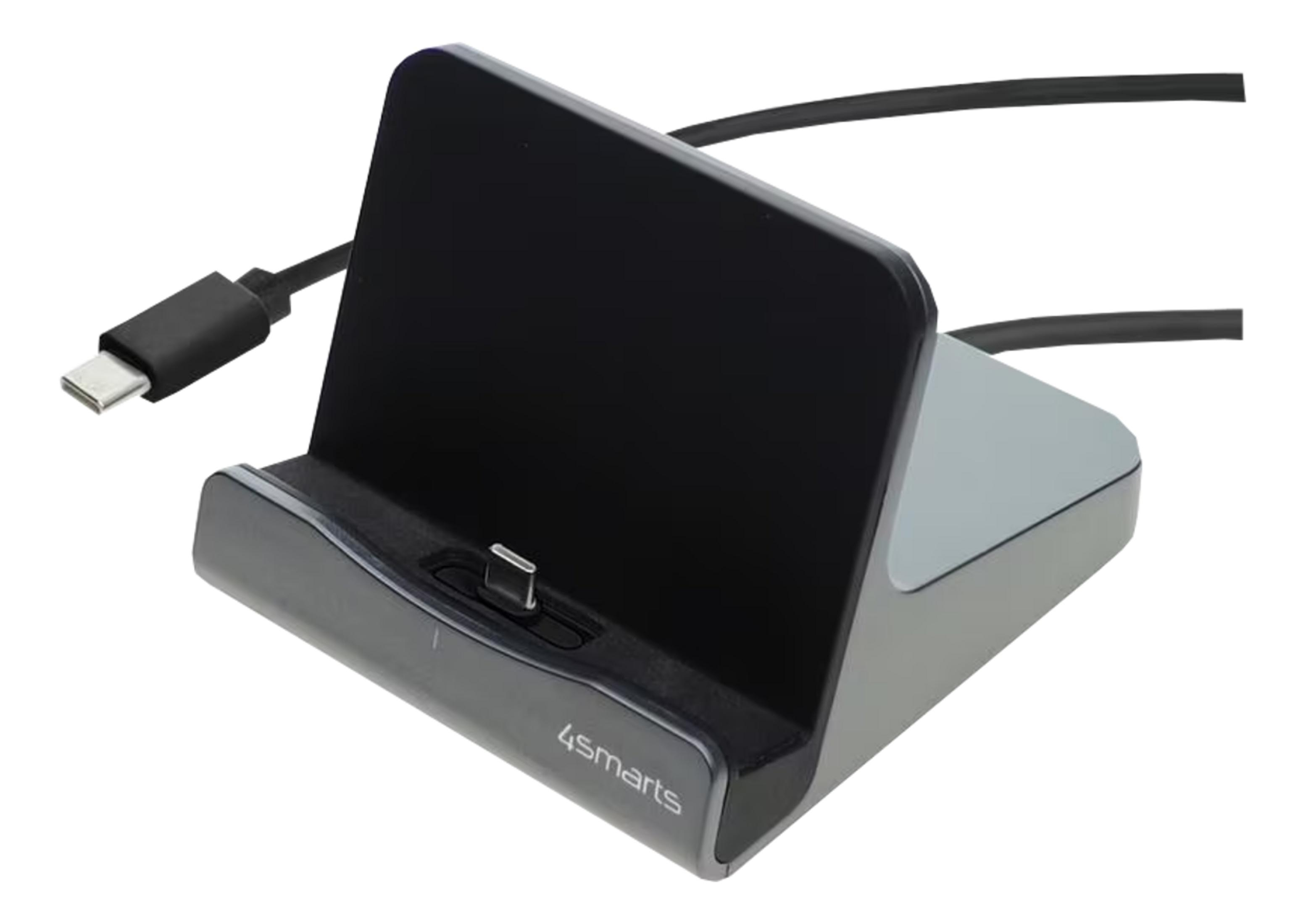 Dock di ricarica nero con connettore e cavo USB-C.