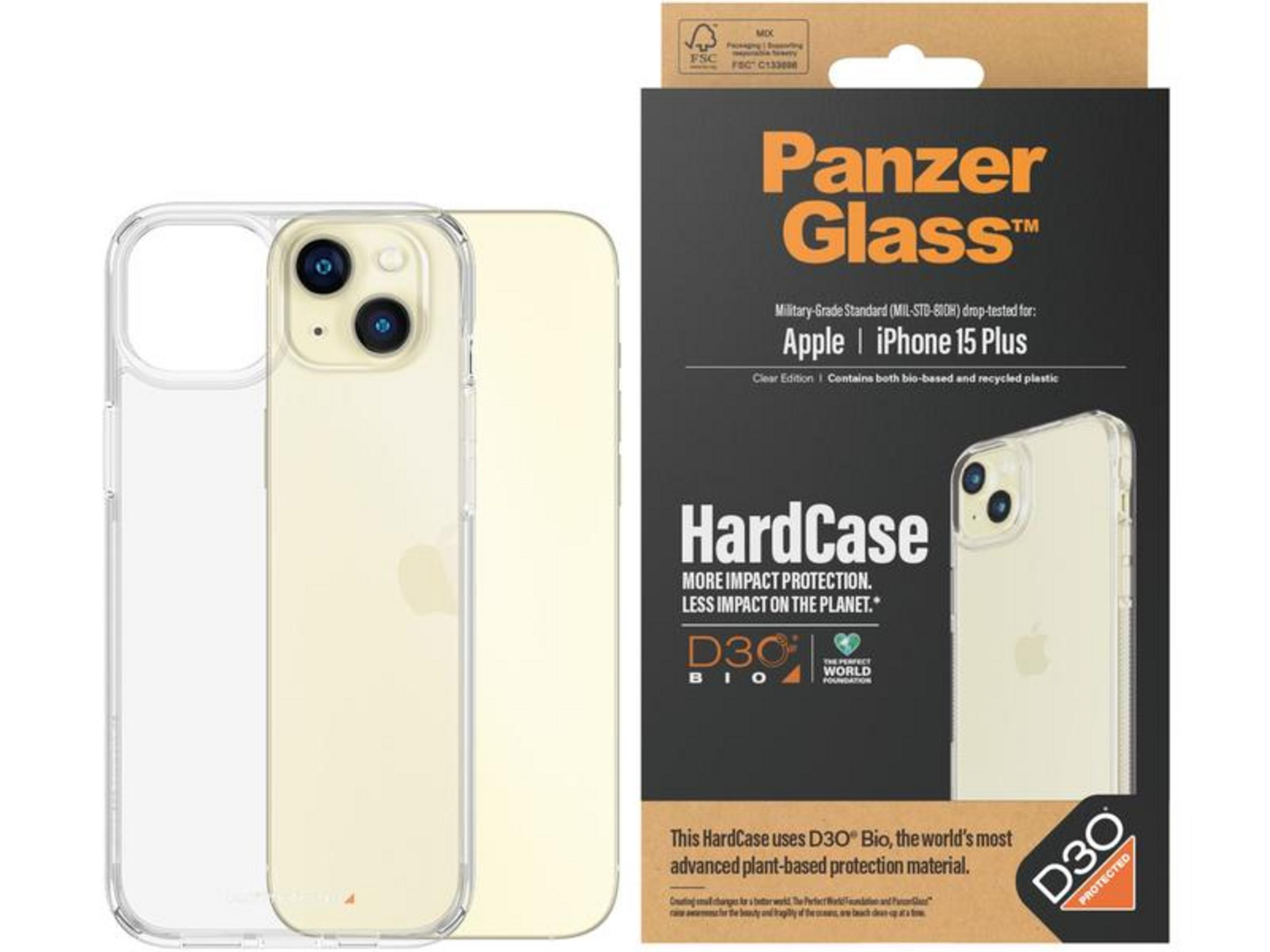 Transparente Hülle für iPhone 15 Plus neben der Verpackung.