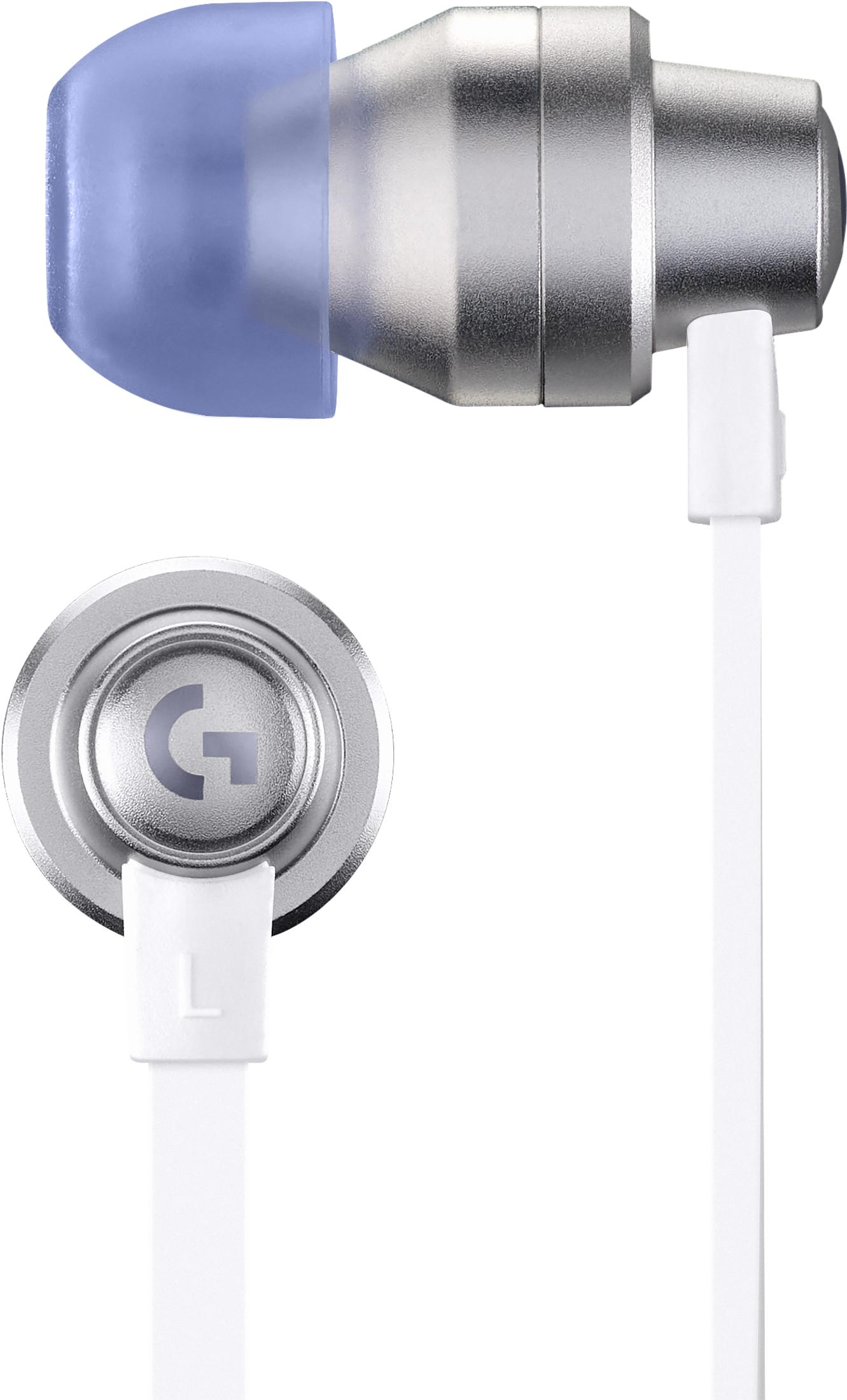 Zilveren oordopjes met blauwe dop en G-logo op witte achtergrond.