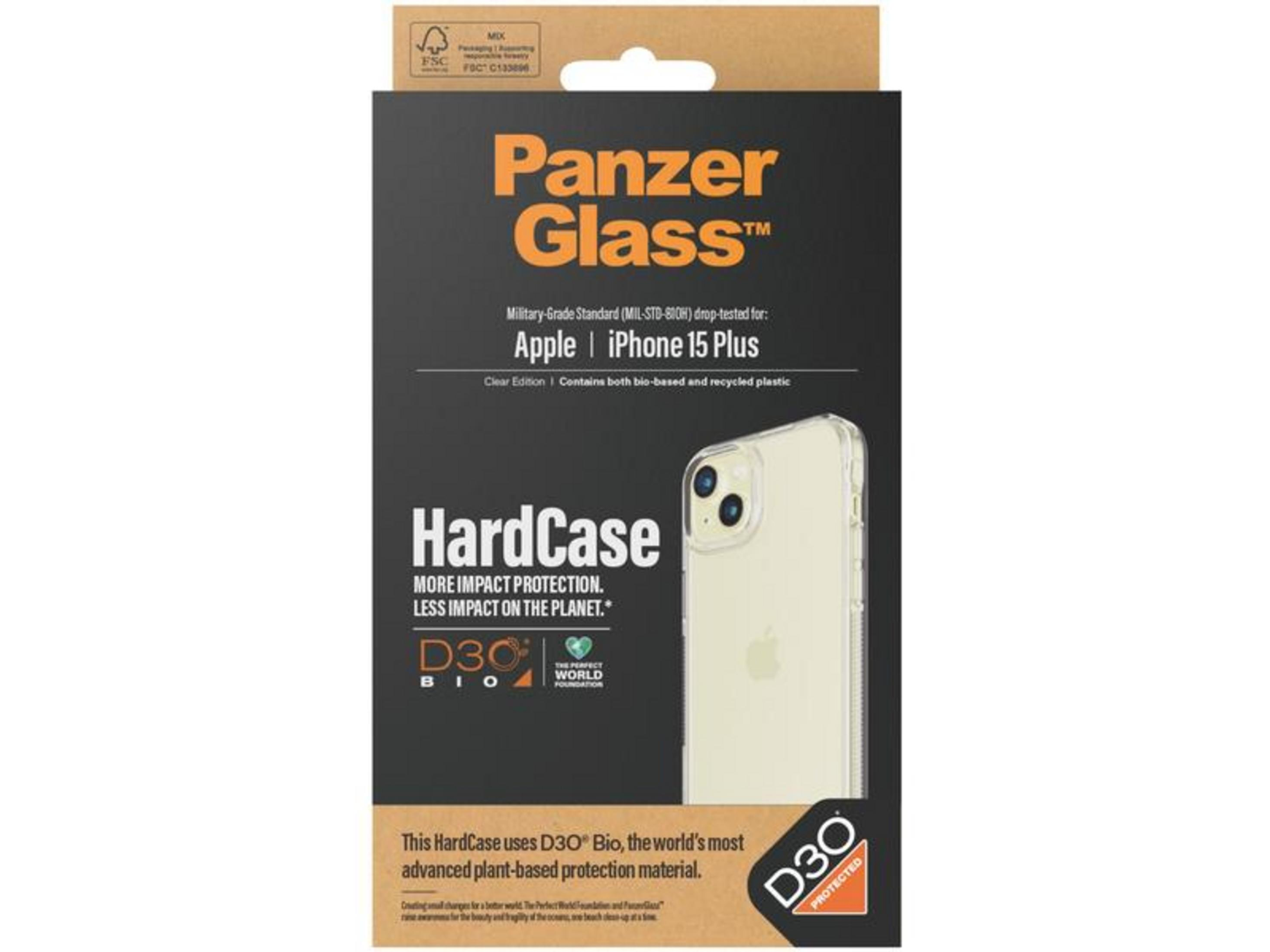 Verpackung für Panzer Glass HardCase für iPhone 15 Plus mit D30 Bio-Schutz.