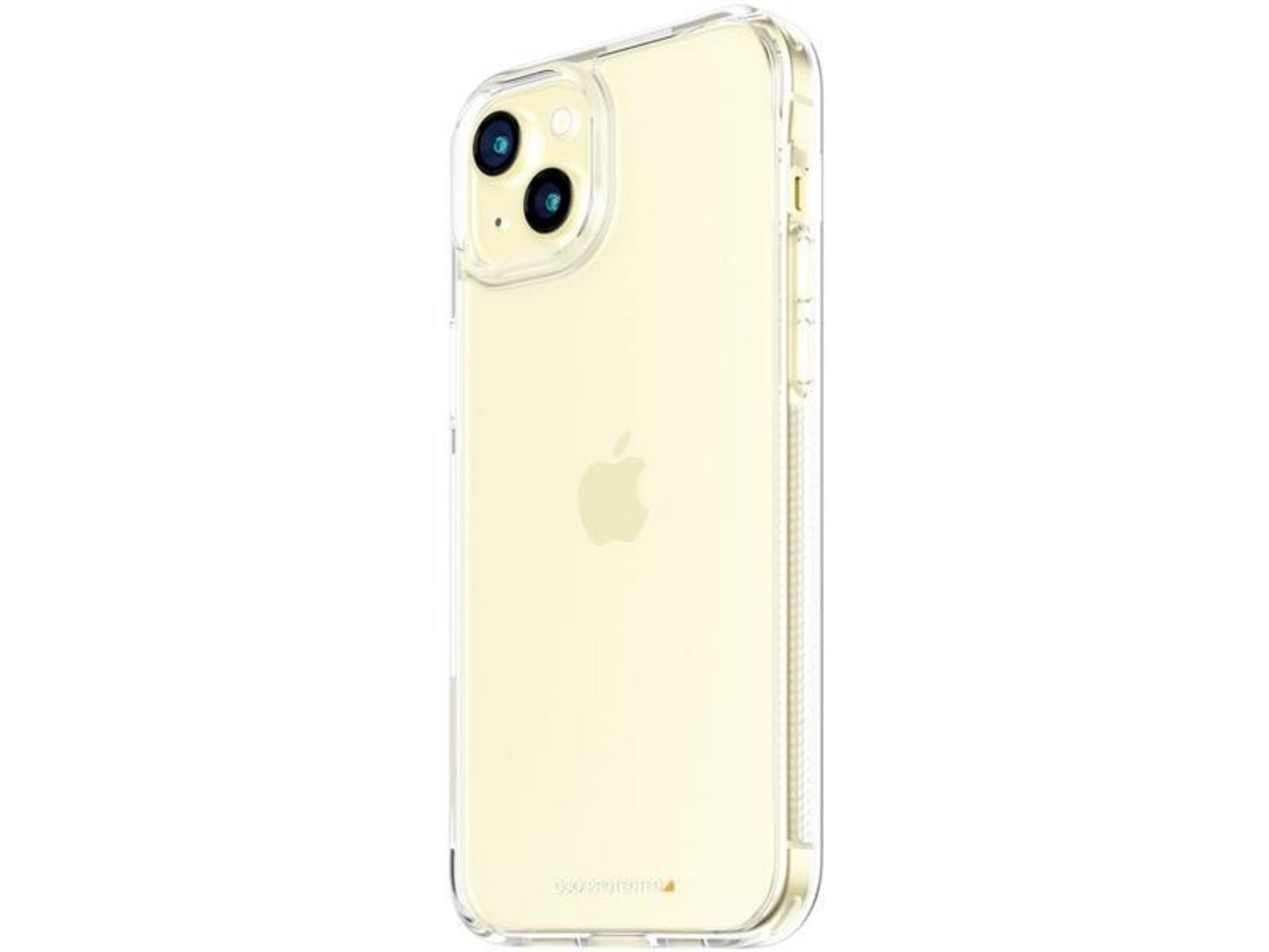 Transparente Hülle auf einem hellgelben iPhone mit sichtbarem Apple-Logo.