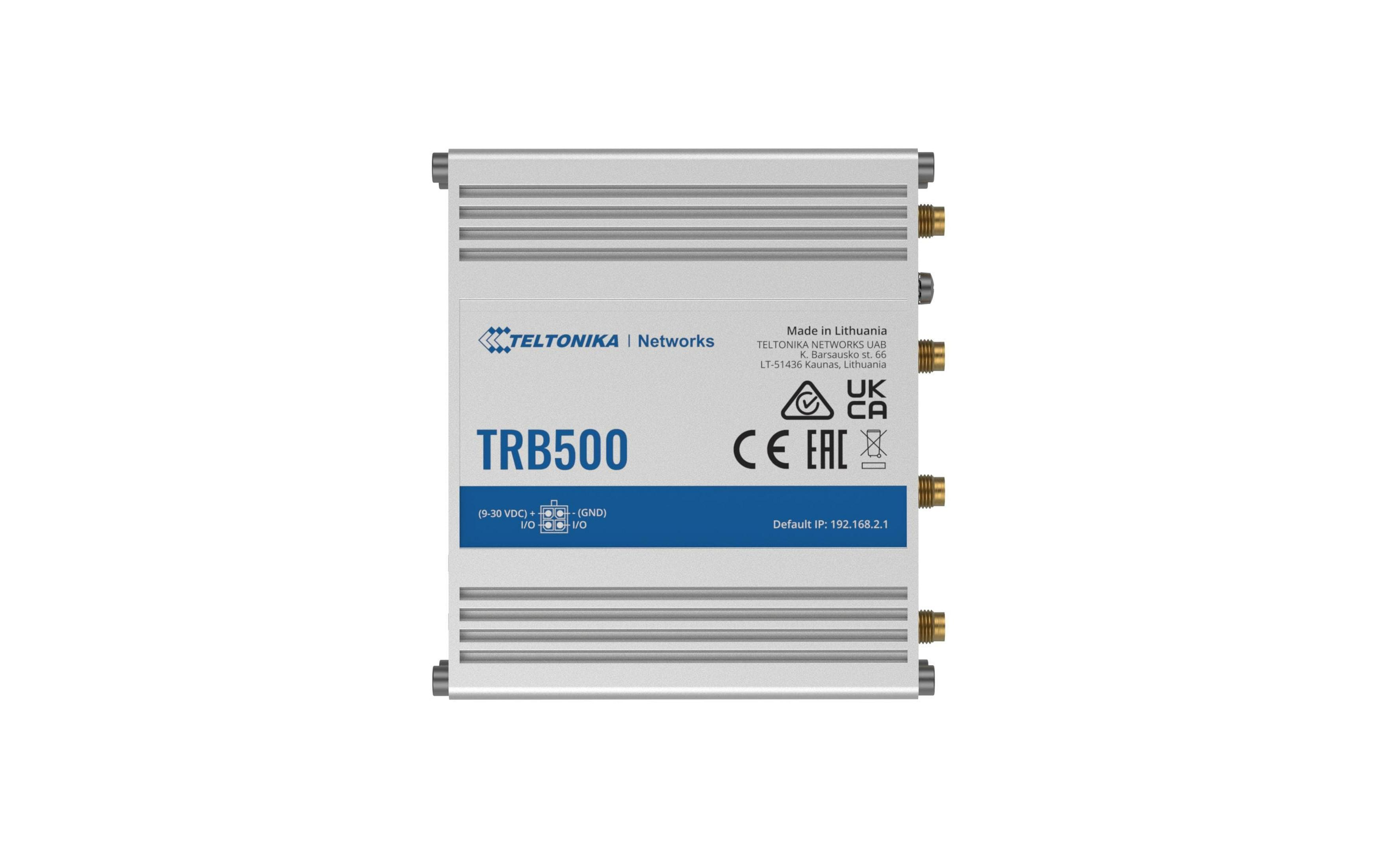 Appareil Teltonika TRB500 argenté avec ports et étiquettes.