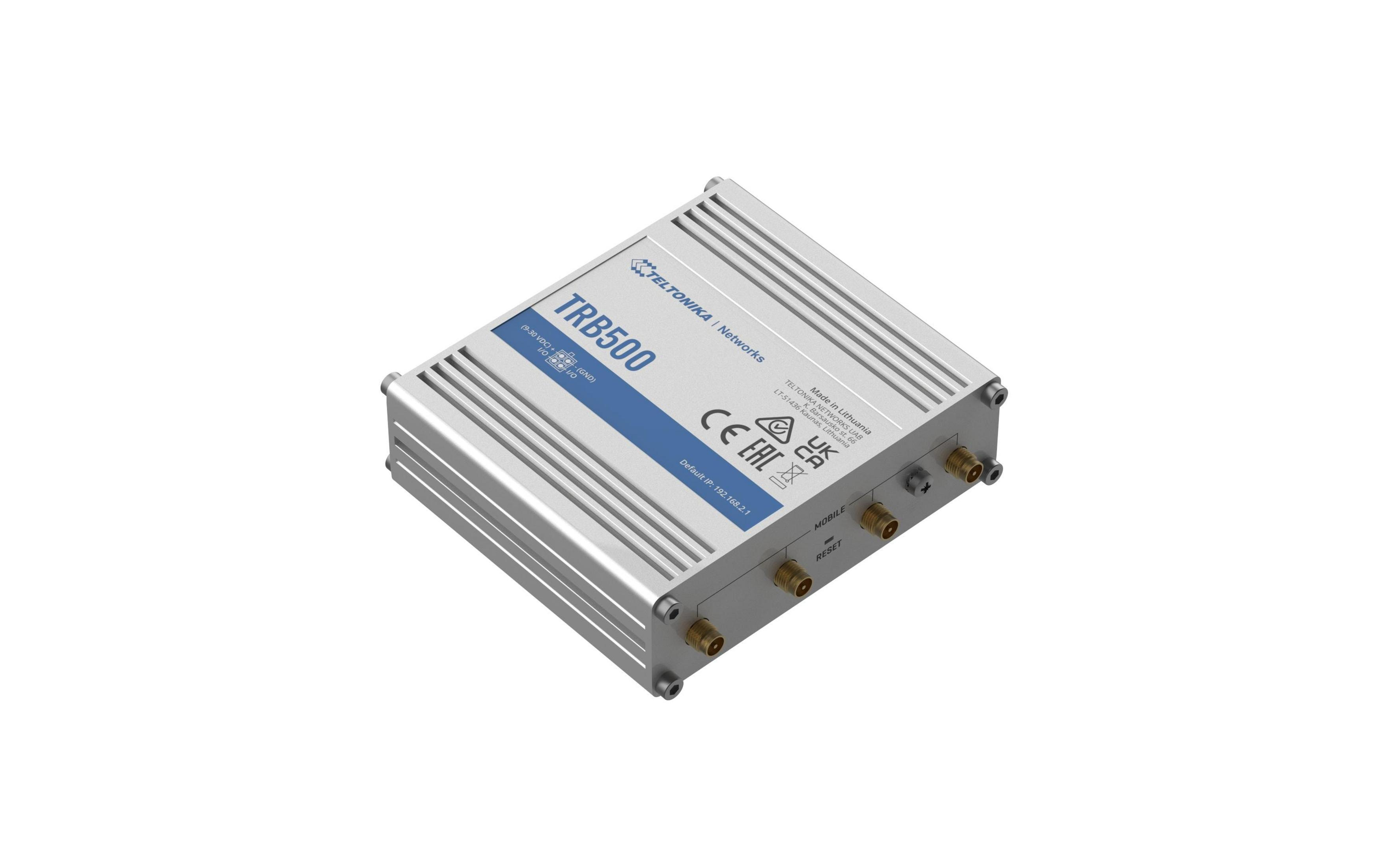 Appareil Teltonika TRB500 argenté avec connecteurs et étiquettes.