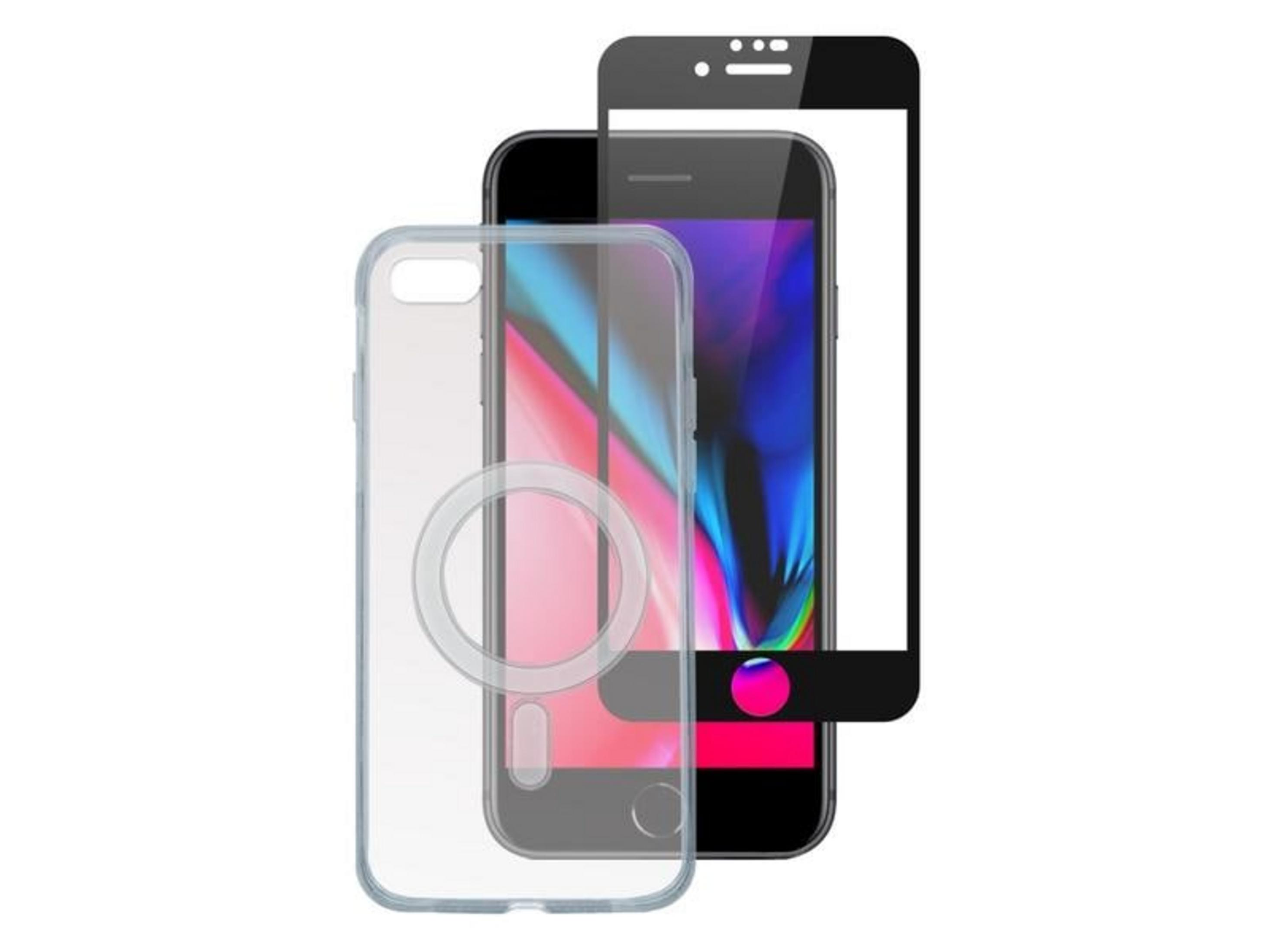 Una custodia trasparente per telefono con anello magnetico, accanto a uno smartphone con protezione schermo.