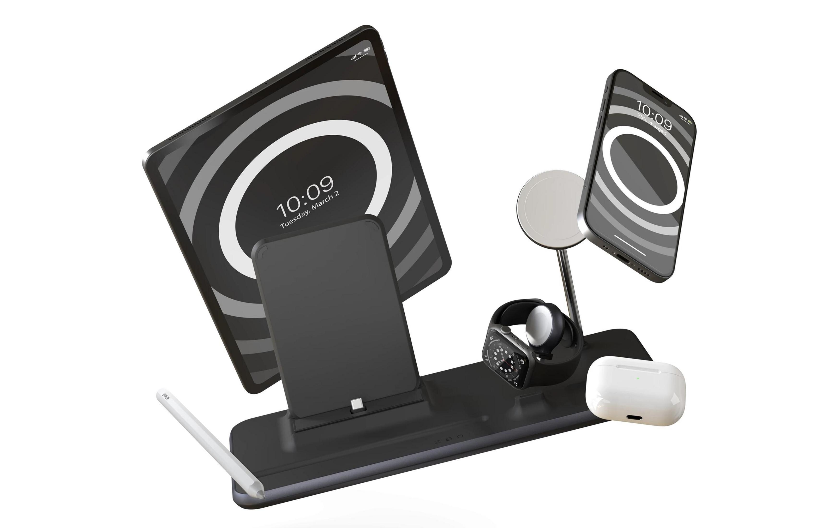 Estación de carga negra con tablet, smartphone, reloj y auriculares.