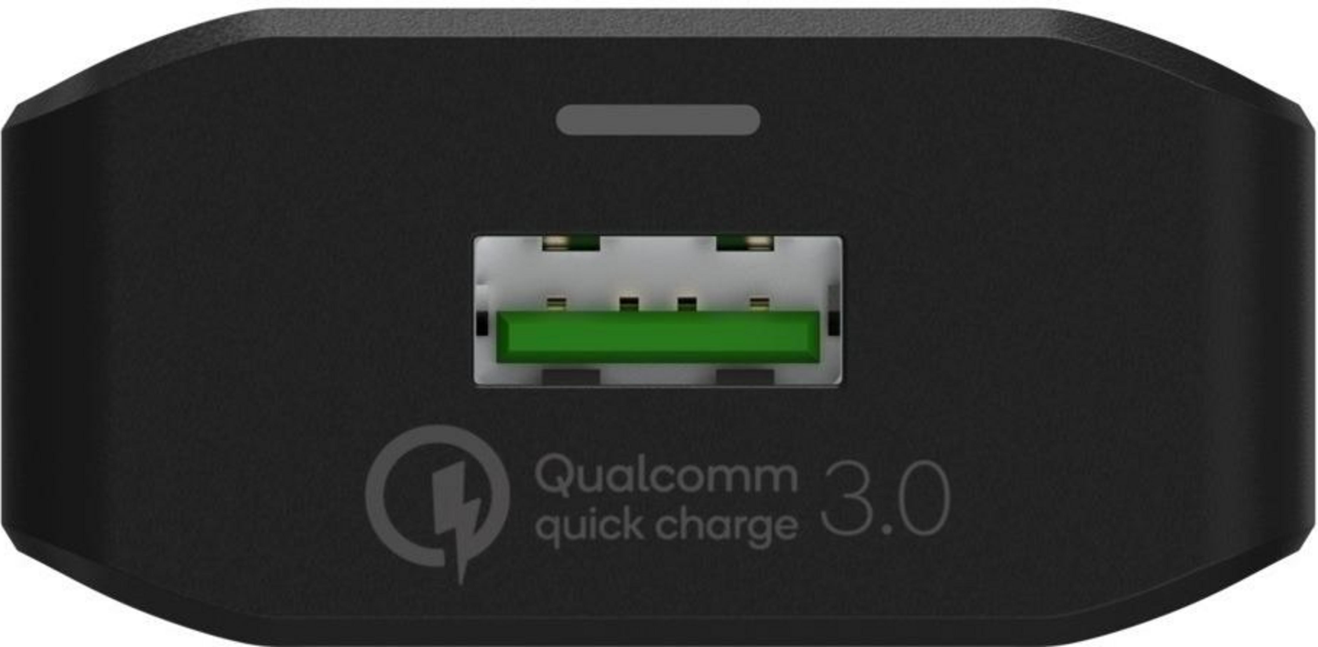 Schwarzer Ladestecker mit Qualcomm Quick Charge 3.0 Logo und USB-Anschluss.
