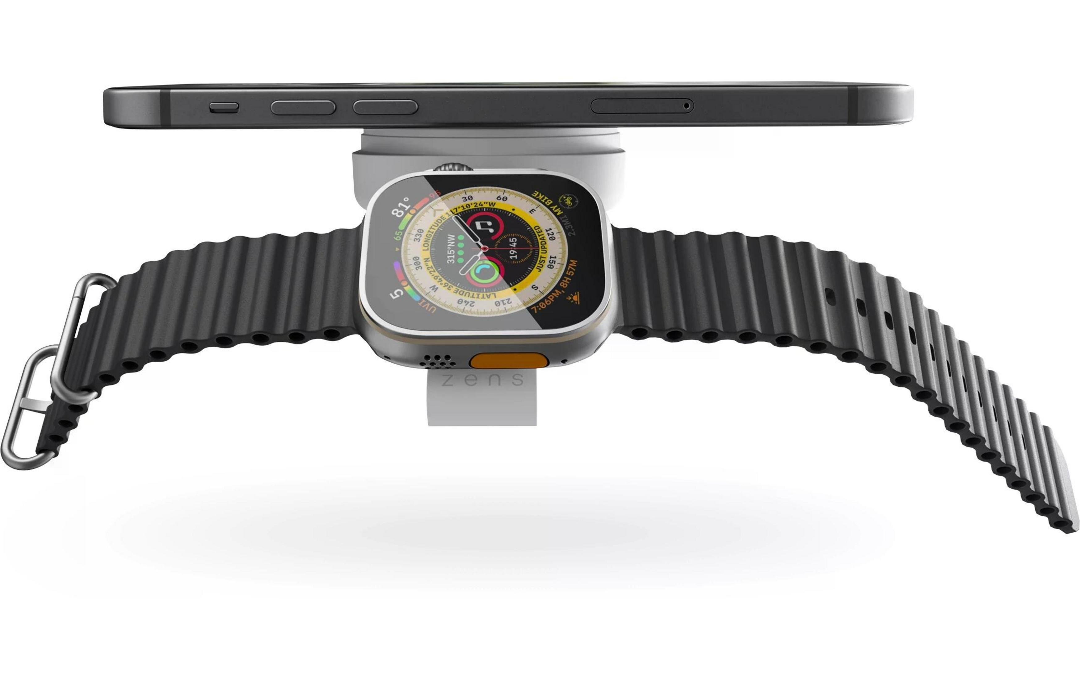 Ein Smartphone liegt auf einer Smartwatch mit schwarzem Armband.